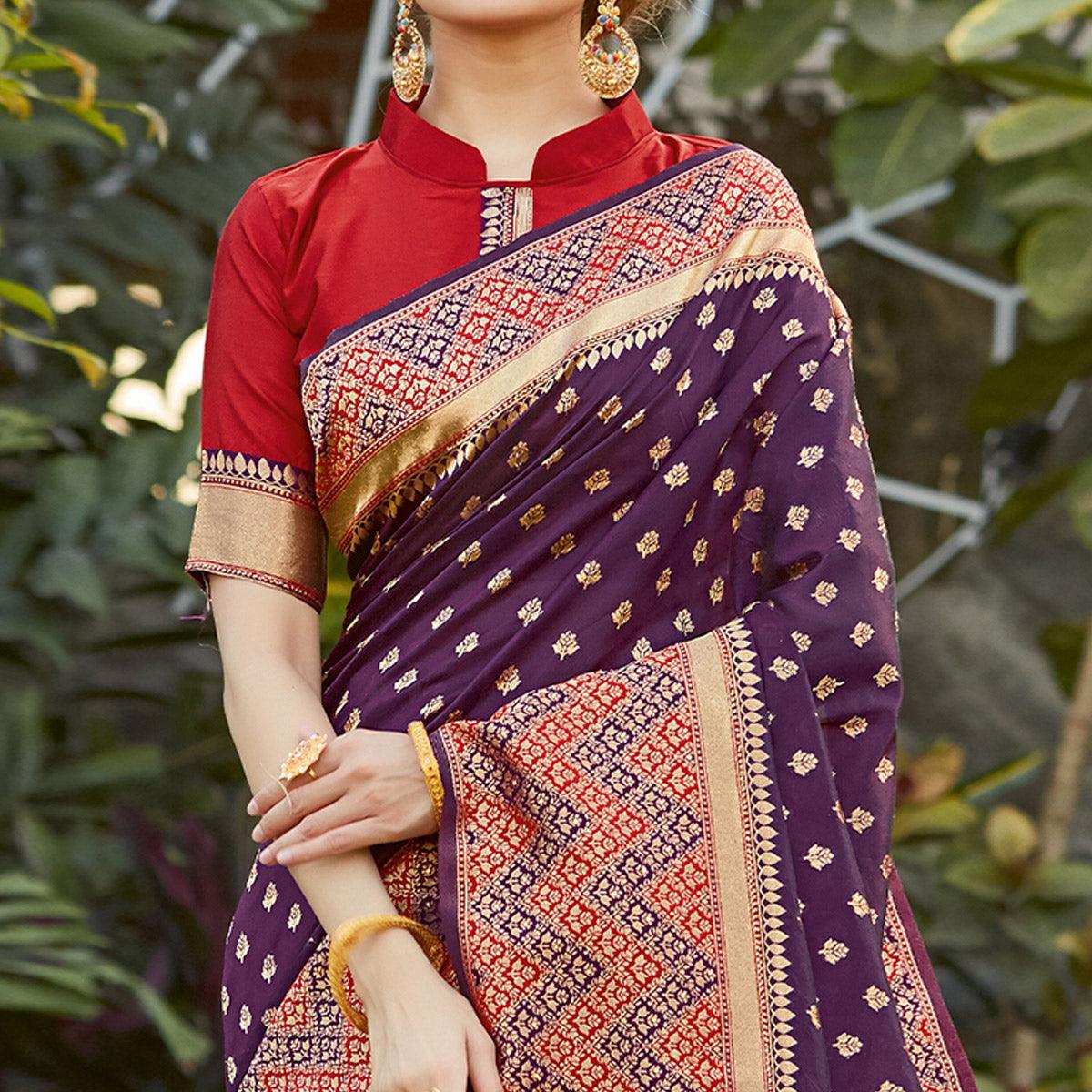 Trendy Purple Colored Festive Wear Woven Silk Saree - Peachmode