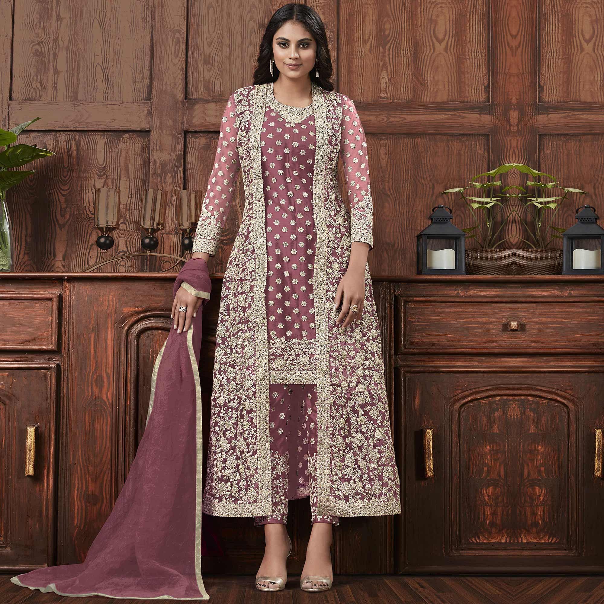 Trendy Purple Coloured Partywear Embroidered Butterfly Net Pakistani Straight Suit - Peachmode