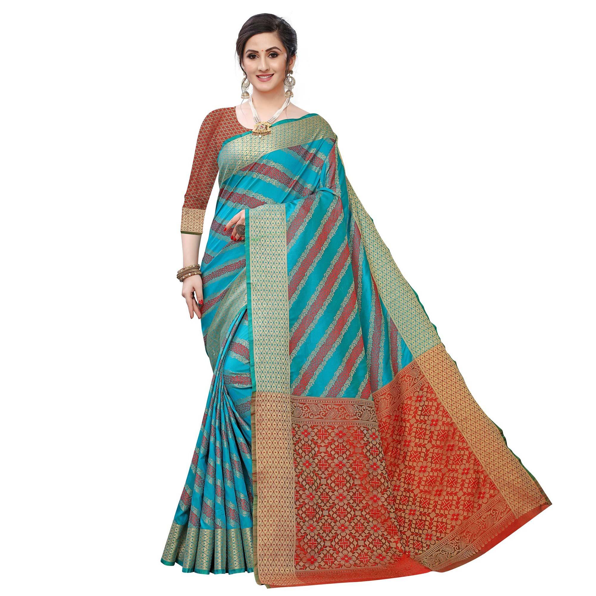Trendy Rama Blue Colored Festive Wear Woven Kanjivaram Silk Saree - Peachmode
