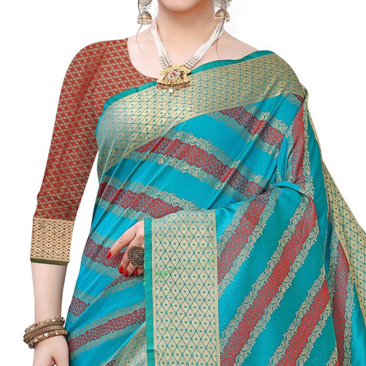 Trendy Rama Blue Colored Festive Wear Woven Kanjivaram Silk Saree - Peachmode