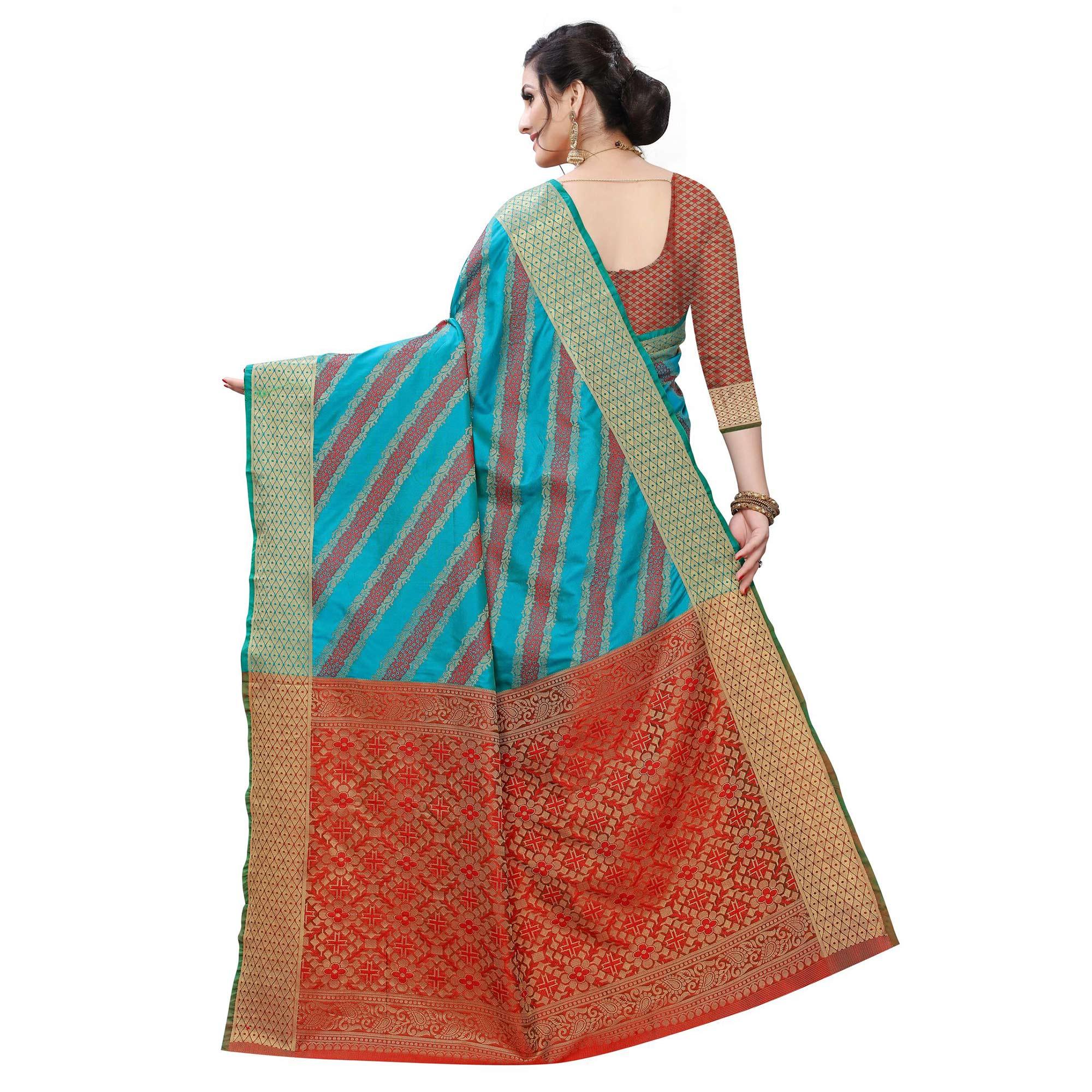Trendy Rama Blue Colored Festive Wear Woven Kanjivaram Silk Saree - Peachmode