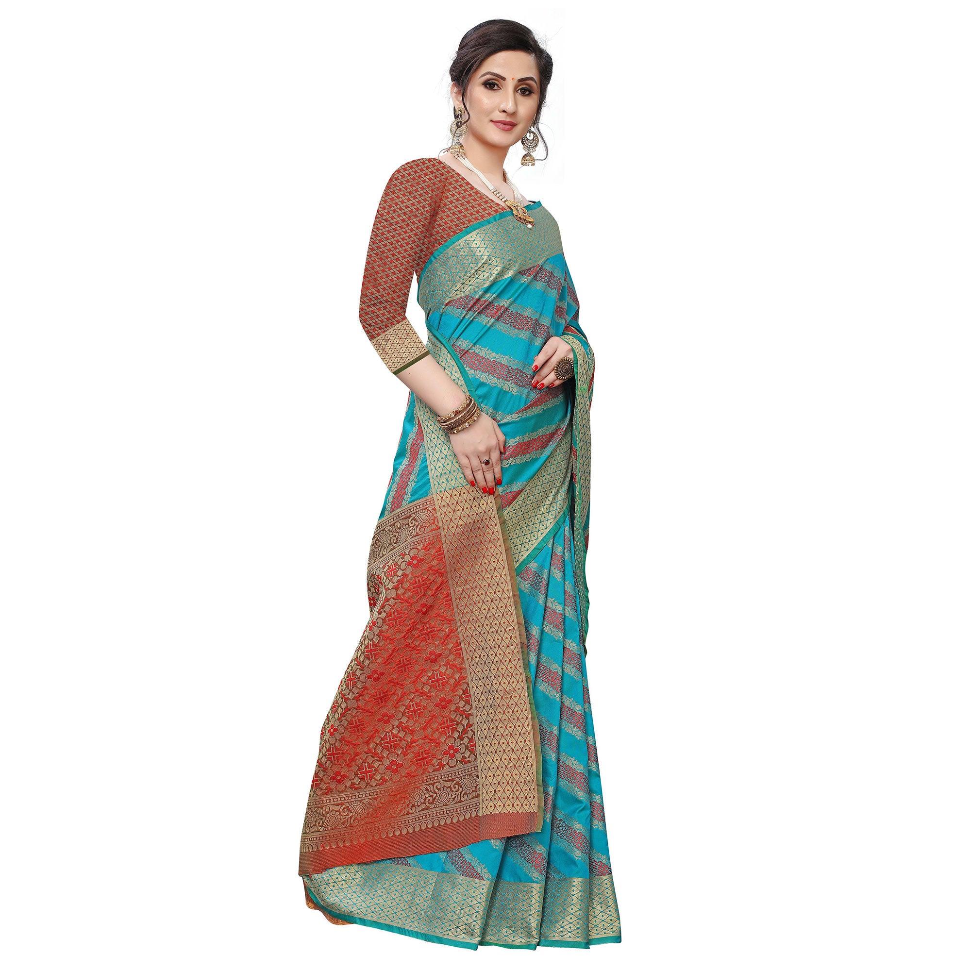 Trendy Rama Blue Colored Festive Wear Woven Kanjivaram Silk Saree - Peachmode