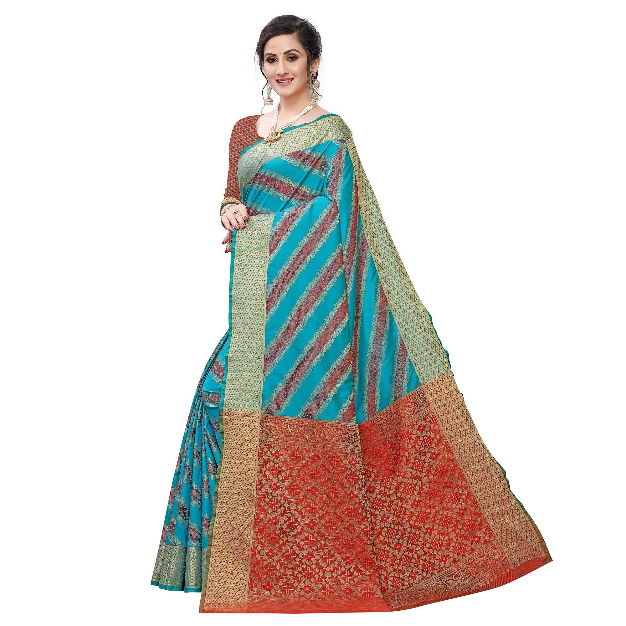 Trendy Rama Blue Colored Festive Wear Woven Kanjivaram Silk Saree - Peachmode