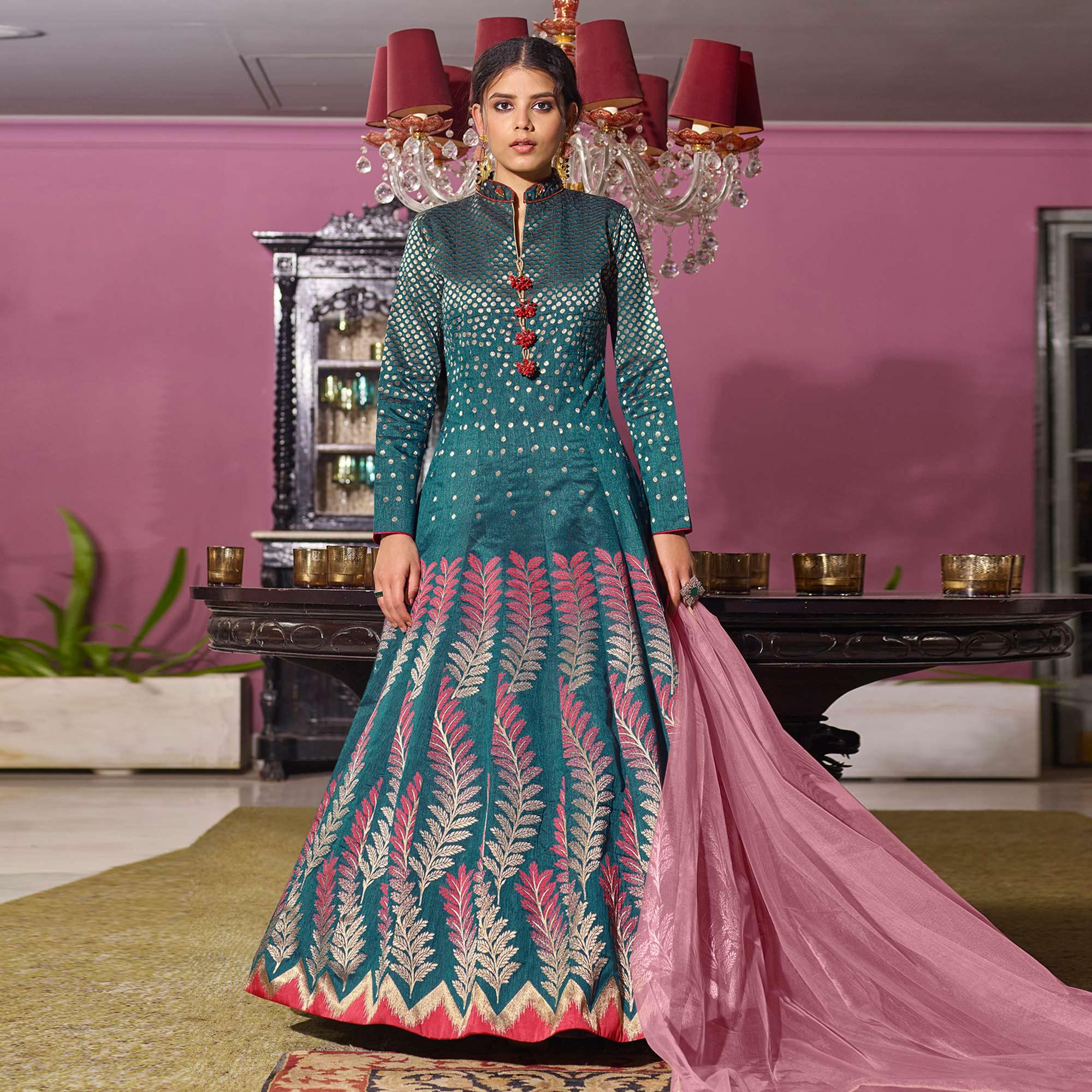 Trendy Rama Partywear Designer Handwork Jacquard Anarkali Suit - Peachmode