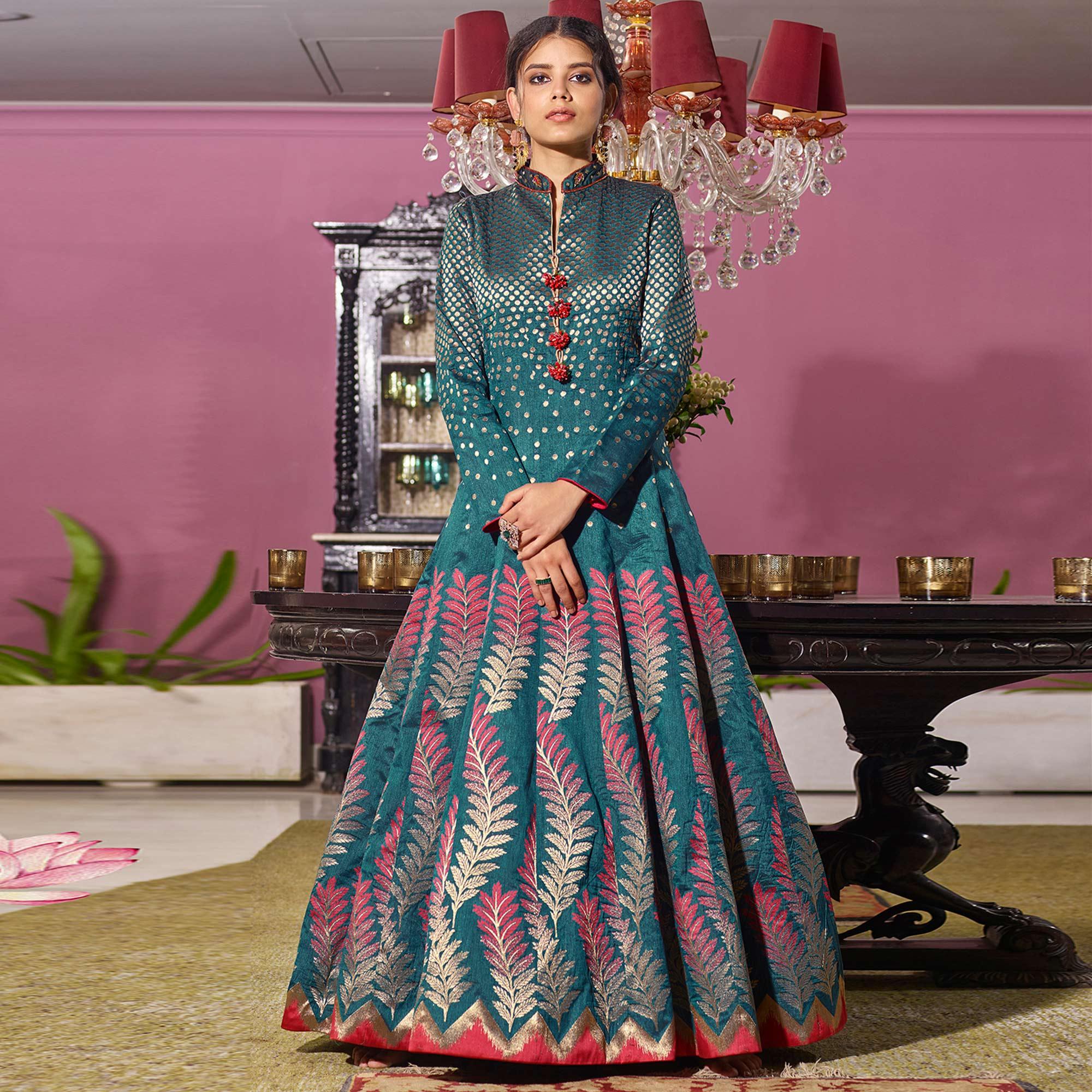 Trendy Rama Partywear Designer Handwork Jacquard Anarkali Suit - Peachmode