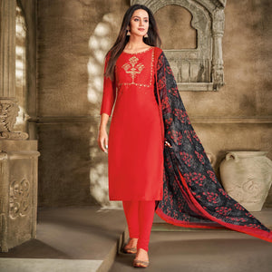 Trendy Red Colored Casual Wear Embroidered Chanderi Dress Material - Peachmode