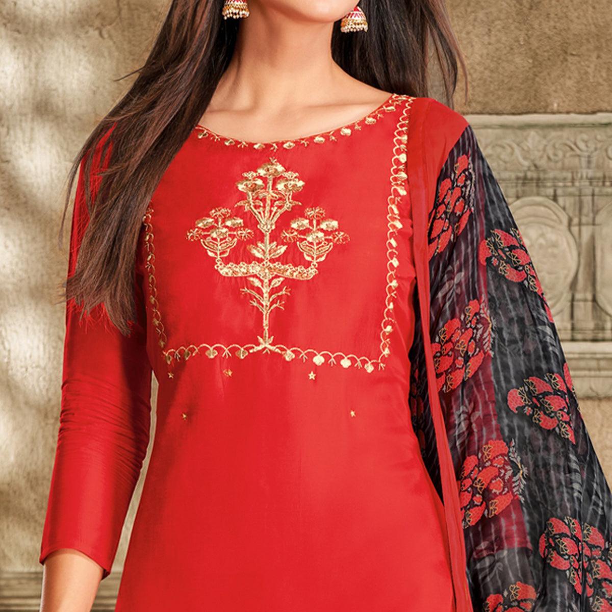 Trendy Red Colored Casual Wear Embroidered Chanderi Dress Material - Peachmode