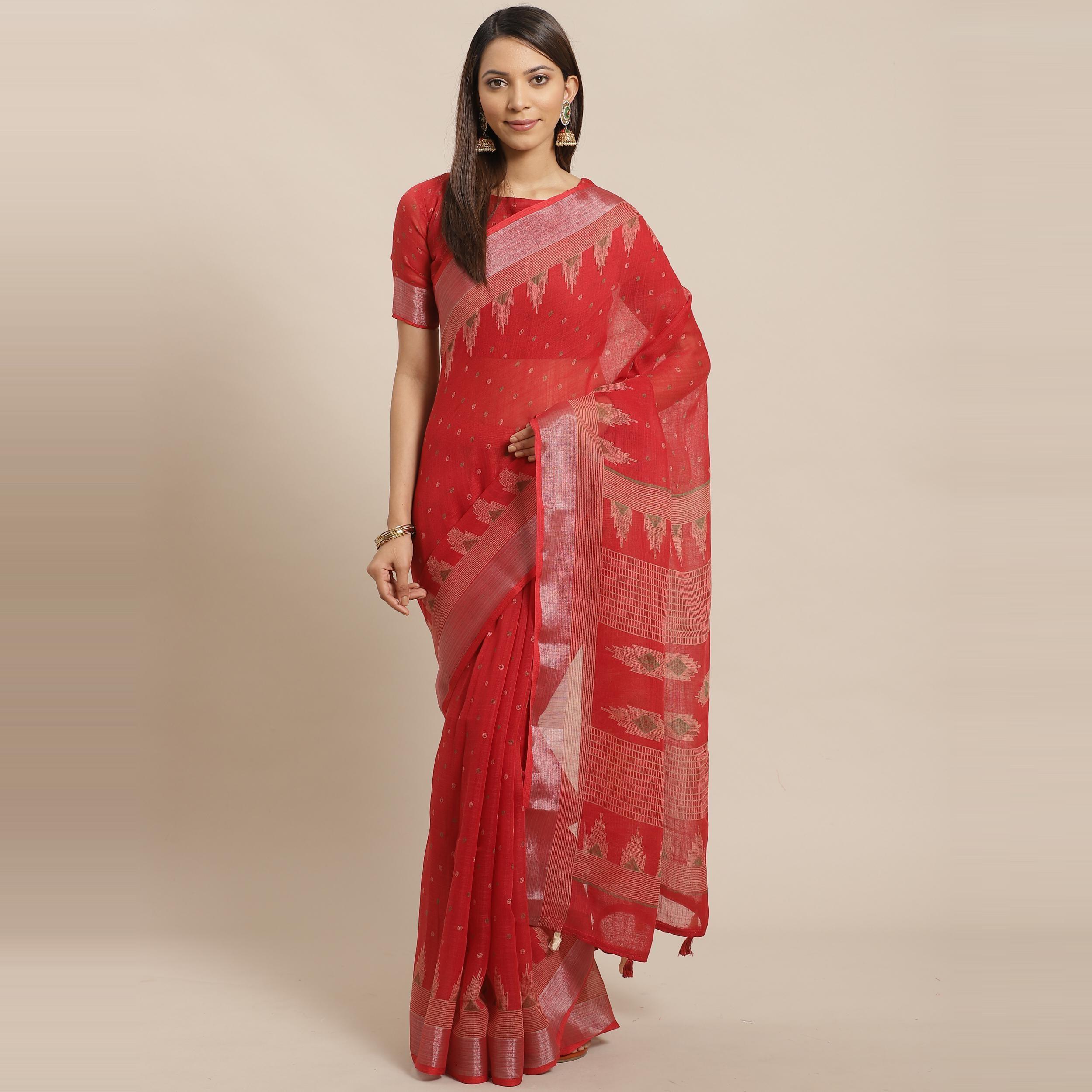 Trendy Red Colored Casual Wear Printed Linen Saree - Peachmode