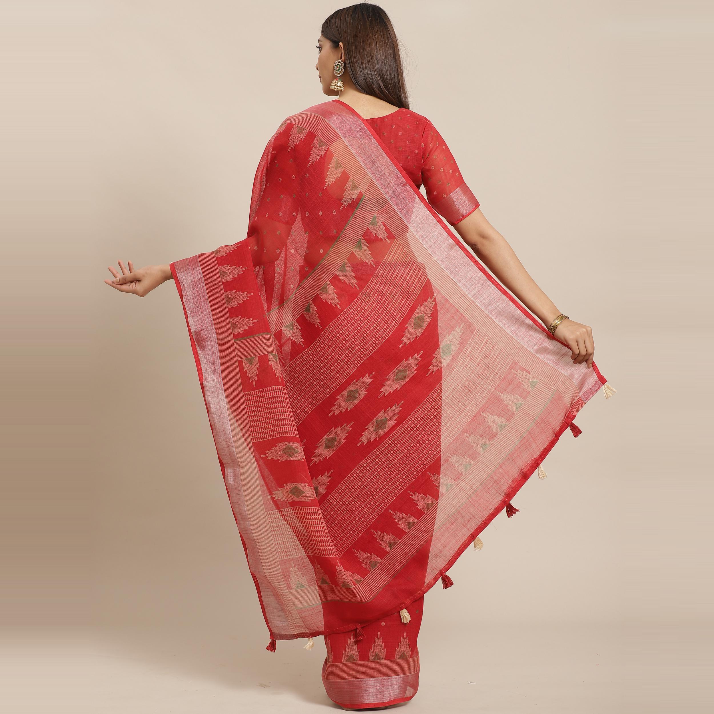 Trendy Red Colored Casual Wear Printed Linen Saree - Peachmode
