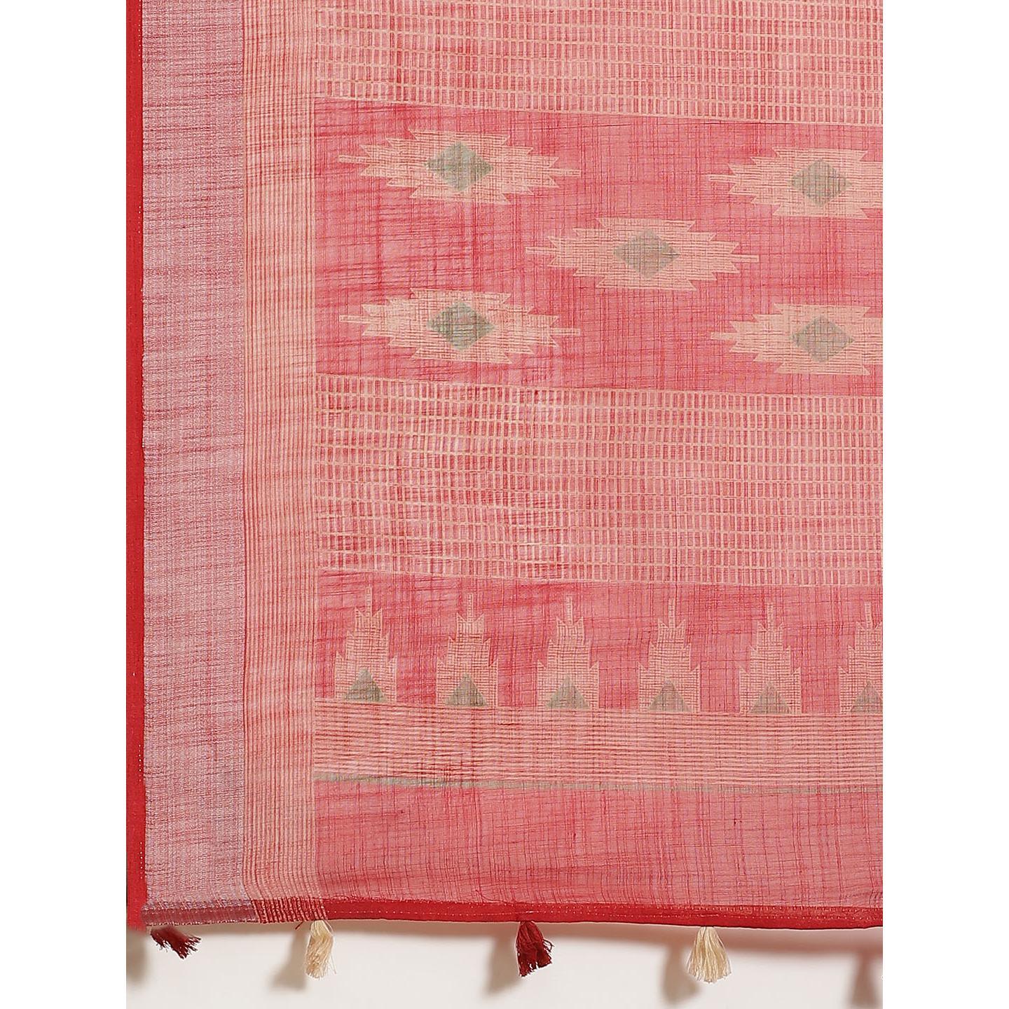 Trendy Red Colored Casual Wear Printed Linen Saree - Peachmode