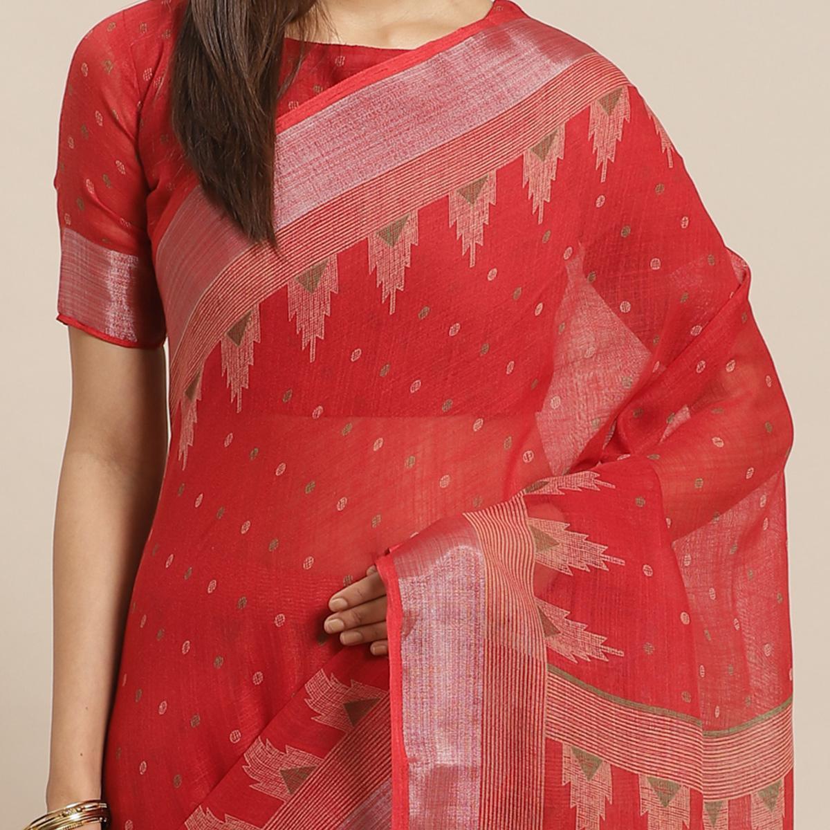 Trendy Red Colored Casual Wear Printed Linen Saree - Peachmode