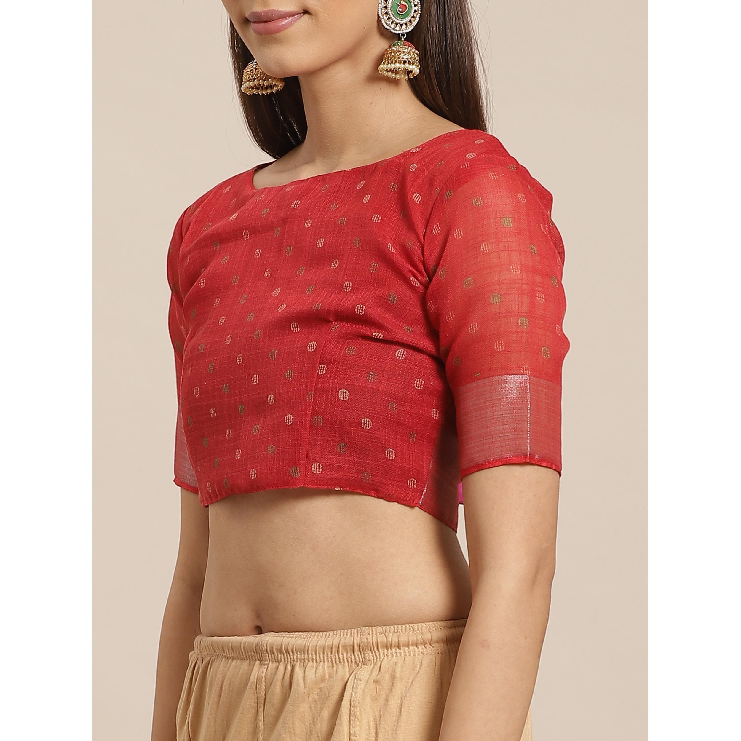 Trendy Red Colored Casual Wear Printed Linen Saree - Peachmode