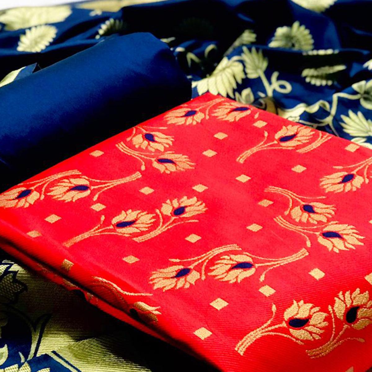Trendy Red Colored Casual Wear Woven Banarasi Silk Dress Material - Peachmode