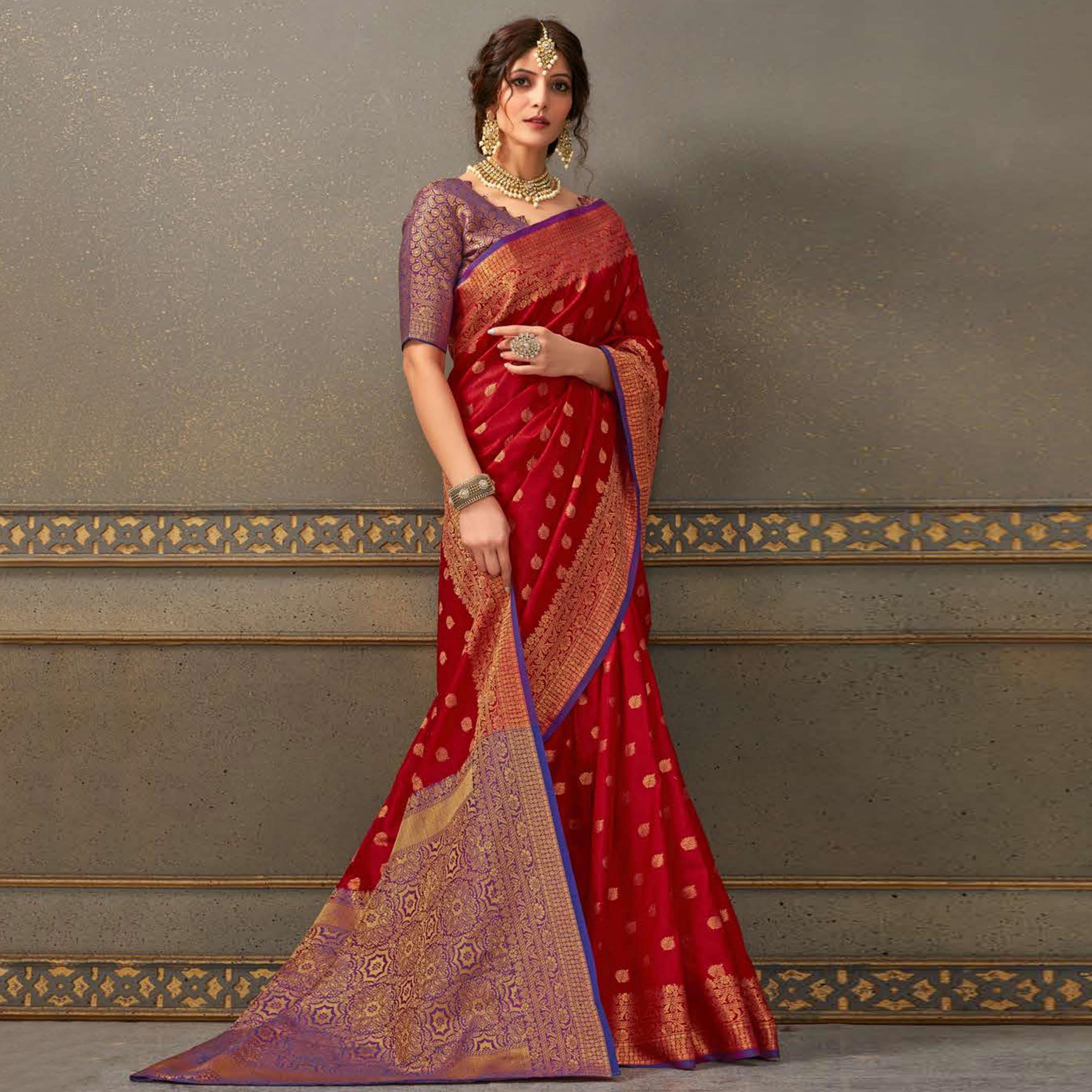 Trendy Red Colored Festive Wear Woven Handloom Silk Saree - Peachmode