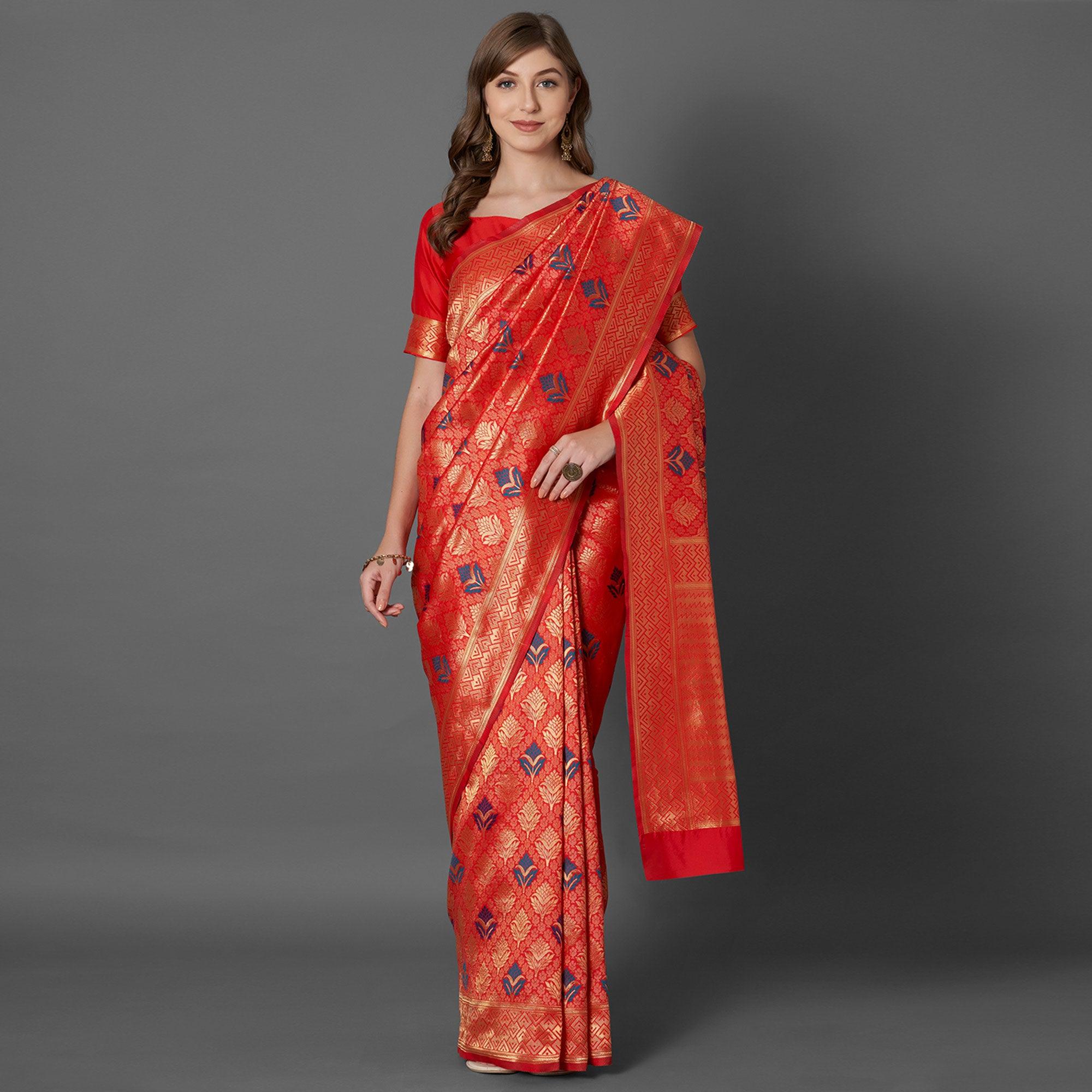 Trendy Red Colored Festive Wear Woven Silk Saree - Peachmode