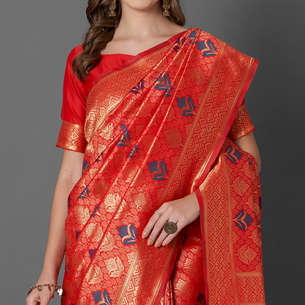 Trendy Red Colored Festive Wear Woven Silk Saree - Peachmode