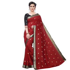 Trendy Red Colored Festive Wear Woven Vichitra Silk Saree - Peachmode
