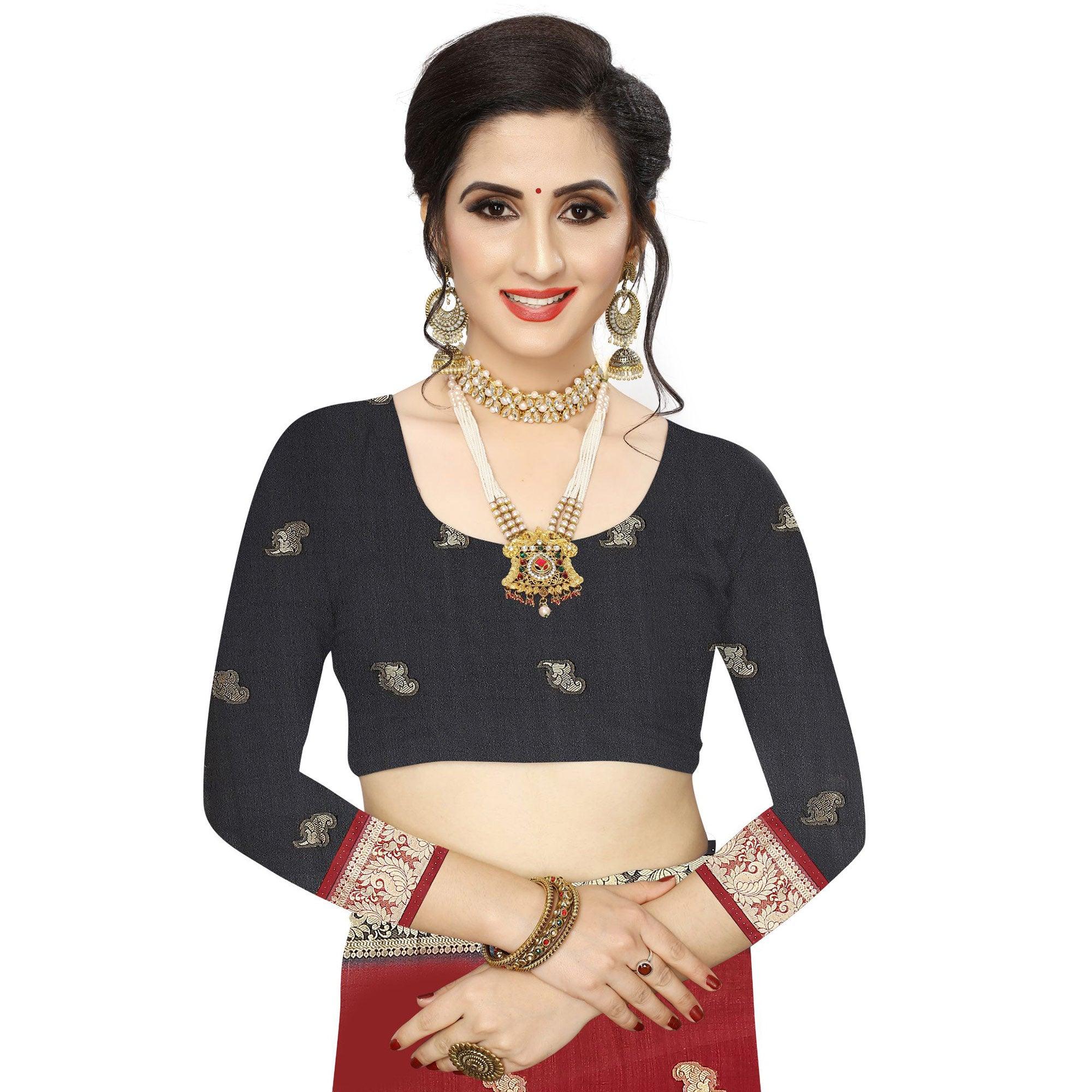 Trendy Red Colored Festive Wear Woven Vichitra Silk Saree - Peachmode