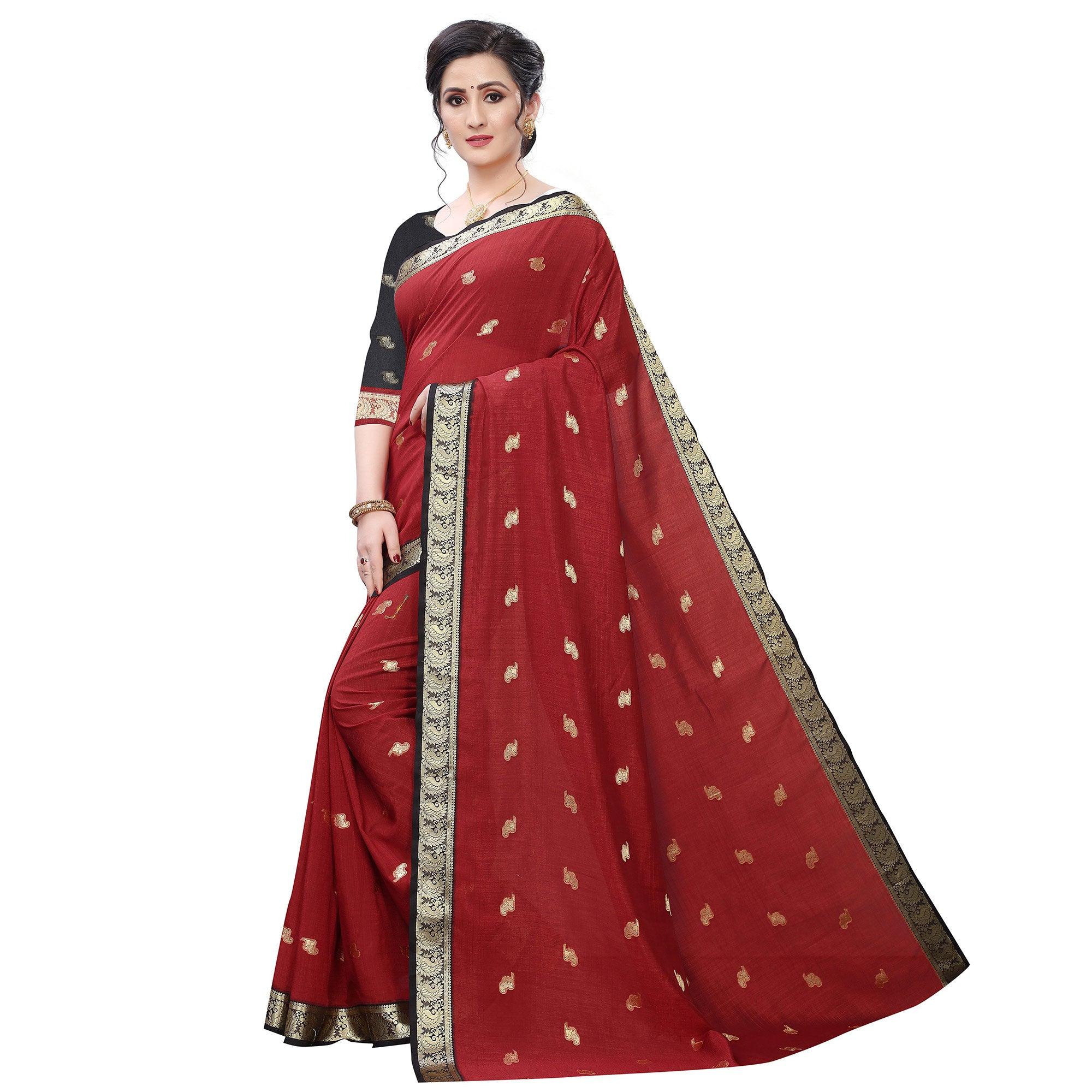 Trendy Red Colored Festive Wear Woven Vichitra Silk Saree - Peachmode