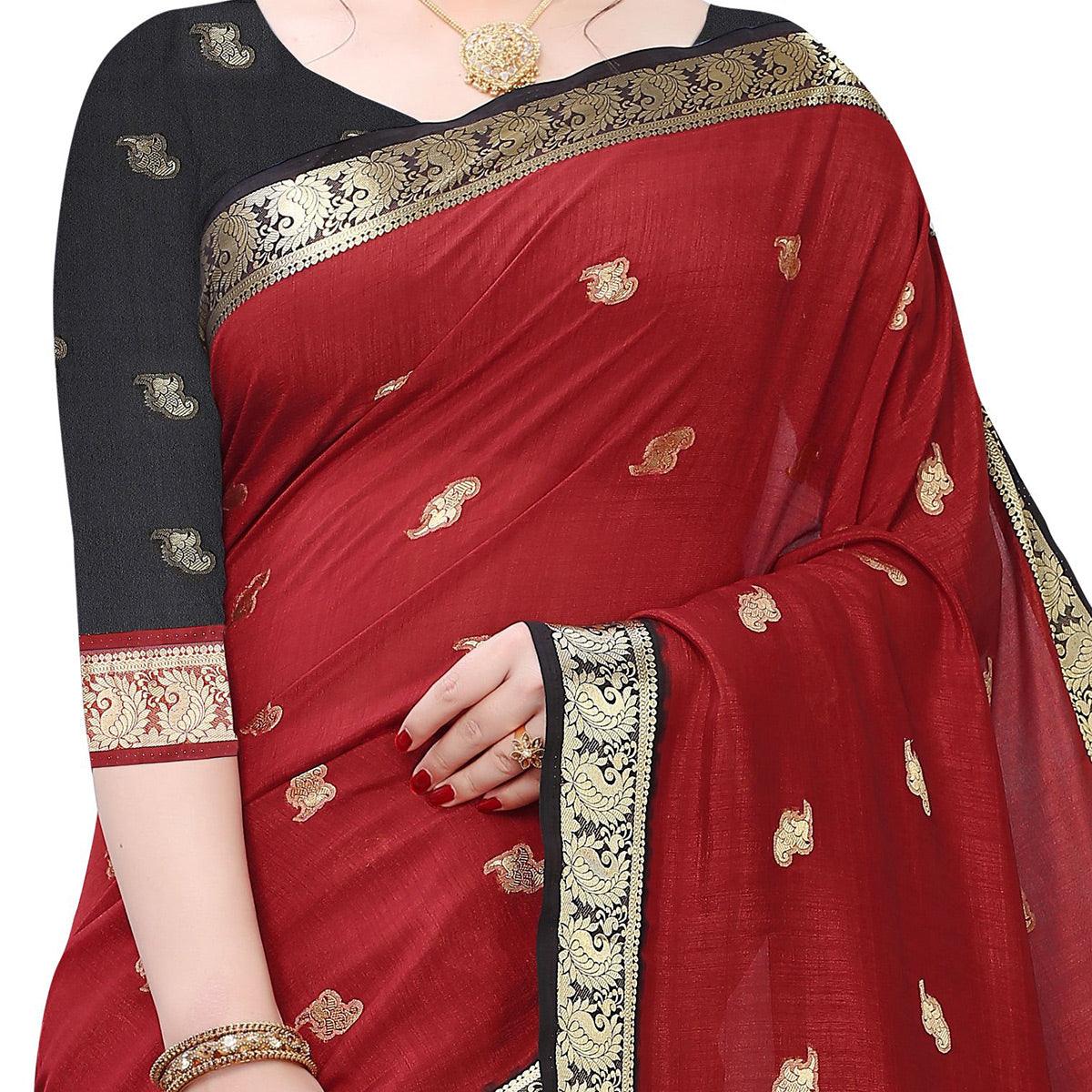 Trendy Red Colored Festive Wear Woven Vichitra Silk Saree - Peachmode