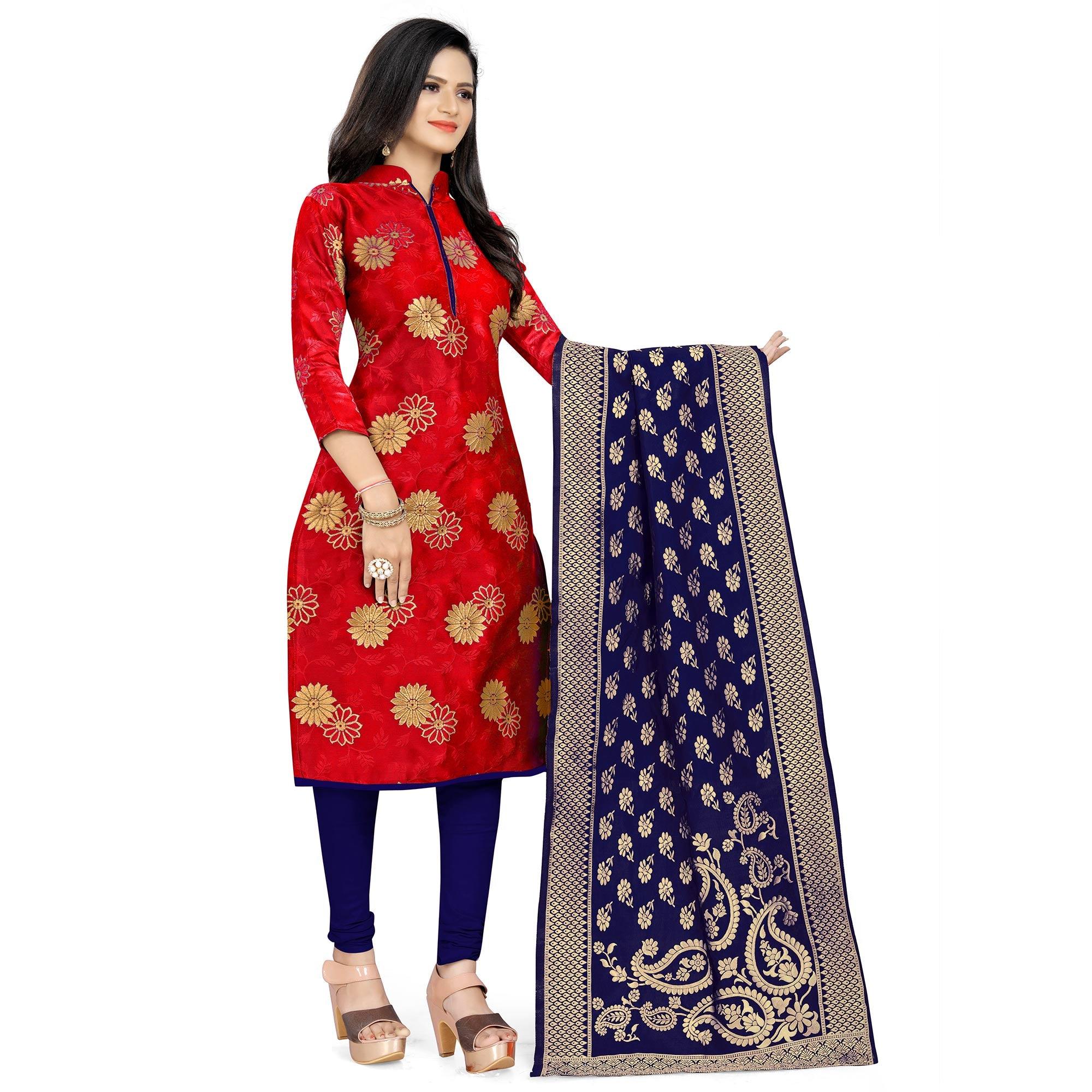 Trendy Red Colored Party Wear Woven Banarasi Silk Dress Material - Peachmode