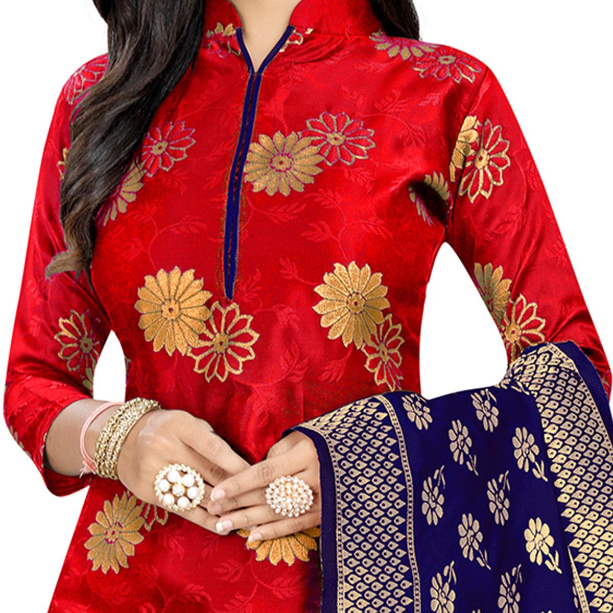 Trendy Red Colored Party Wear Woven Banarasi Silk Dress Material - Peachmode