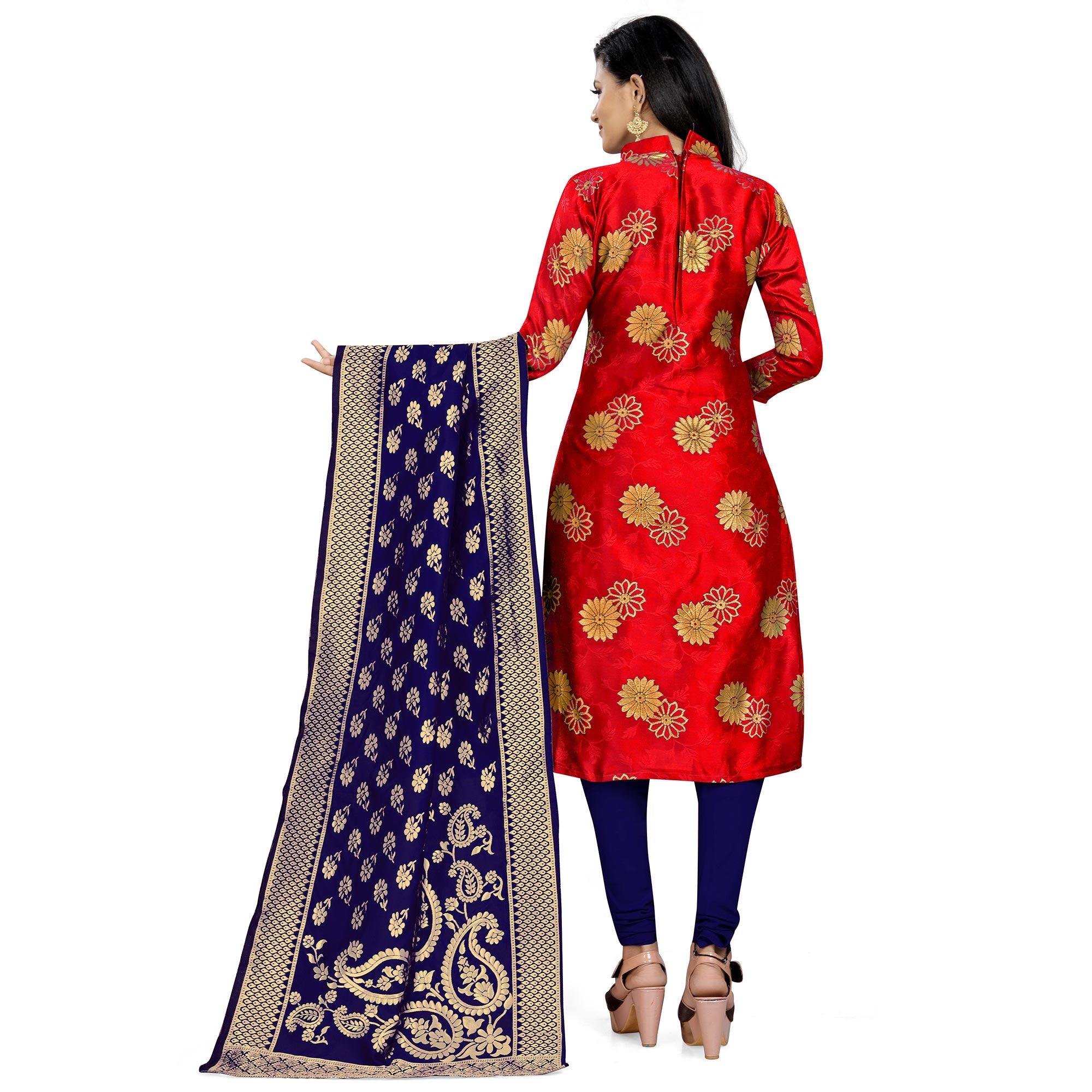 Trendy Red Colored Party Wear Woven Banarasi Silk Dress Material - Peachmode
