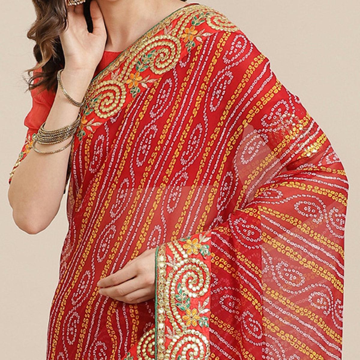 Trendy Red Coloured Partywear Printed Georgette Saree - Peachmode