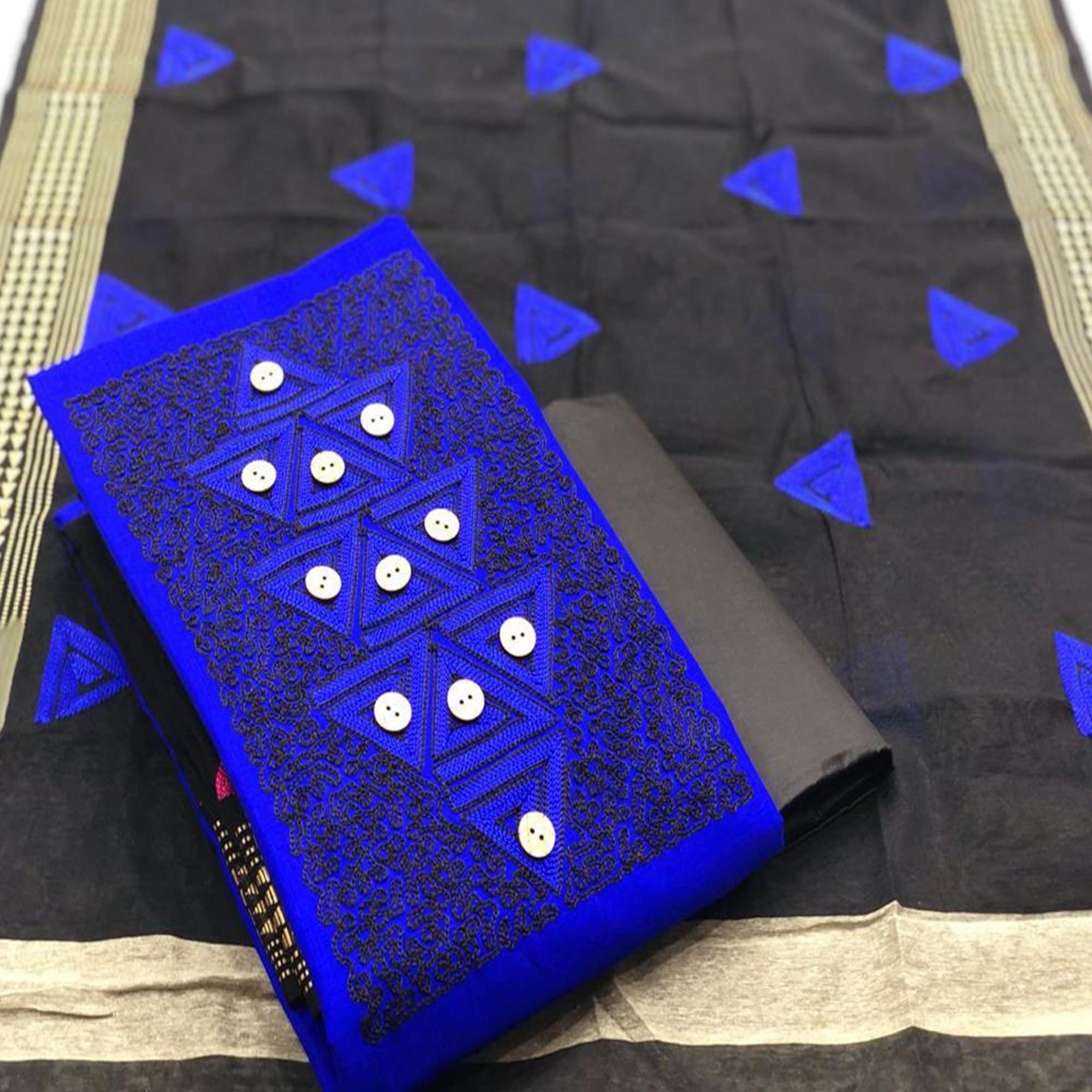 Trendy Royal Blue Coloured Casual Wear Embroidered Cotton Dress Material - Peachmode