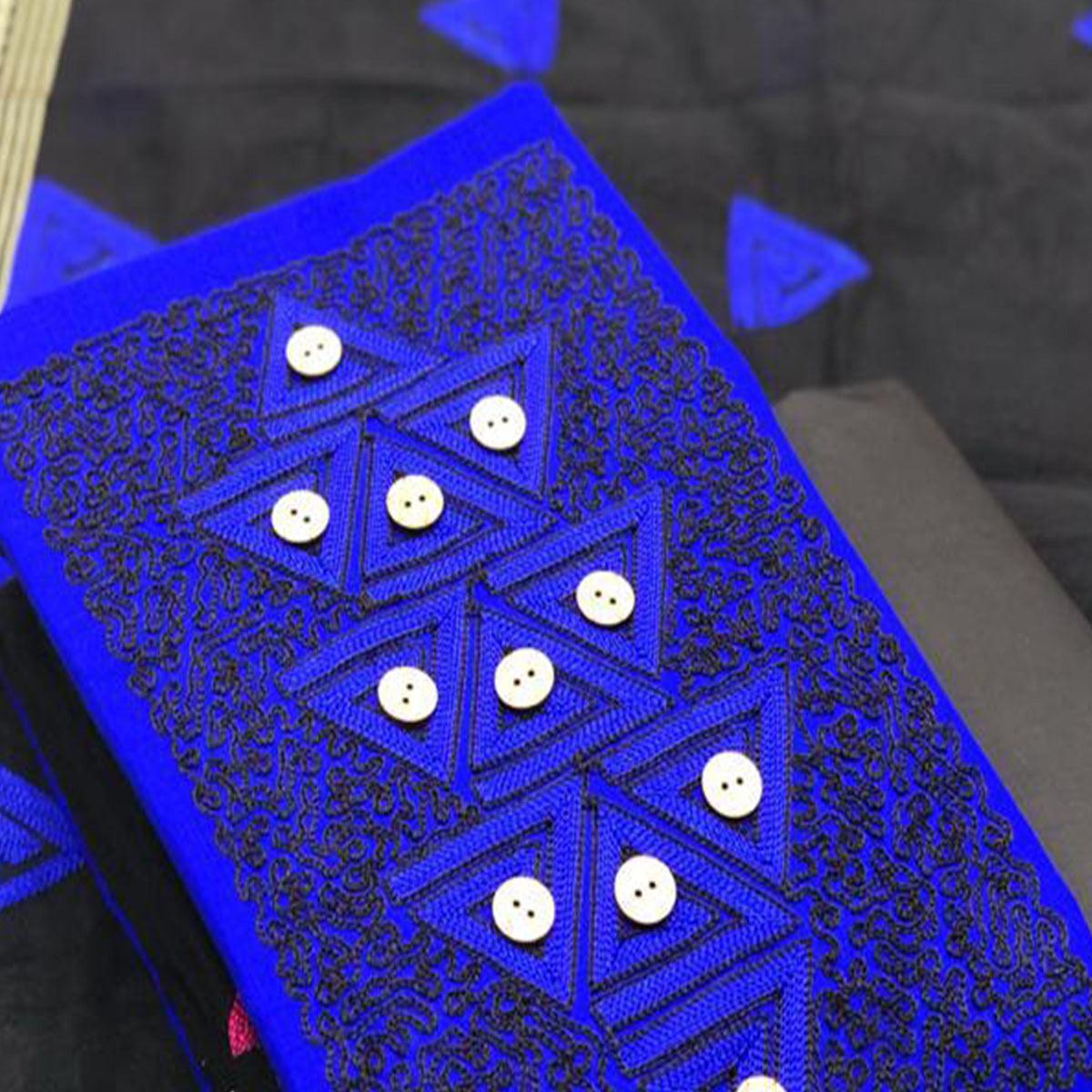 Trendy Royal Blue Coloured Casual Wear Embroidered Cotton Dress Material - Peachmode