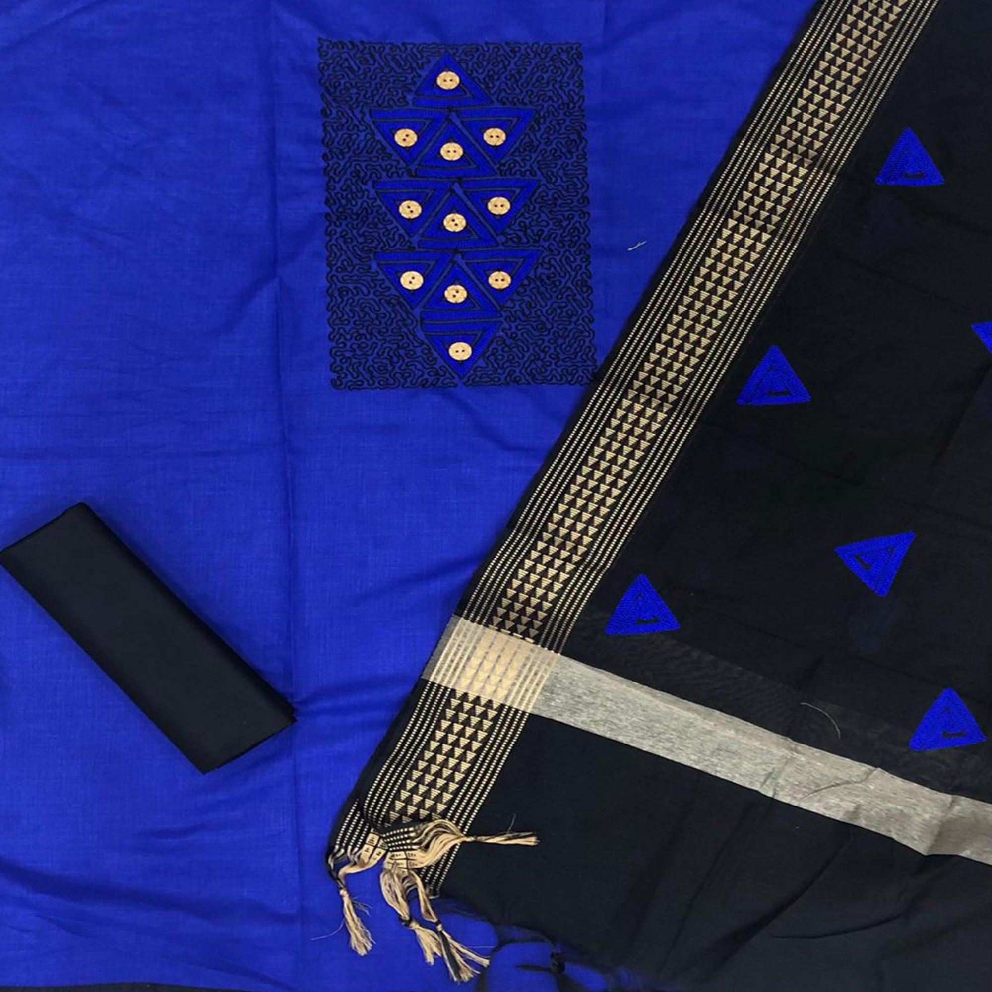 Trendy Royal Blue Coloured Casual Wear Embroidered Cotton Dress Material - Peachmode