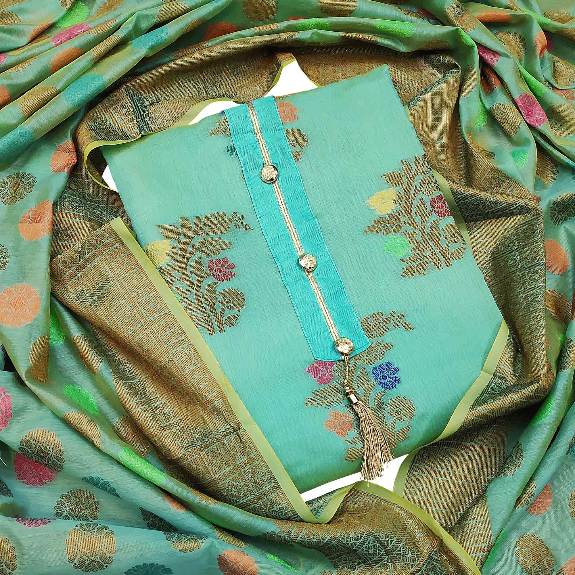Trendy Sky Blue Colored Festive Wear Woven Heavy Banarasi Silk Dress Material - Peachmode