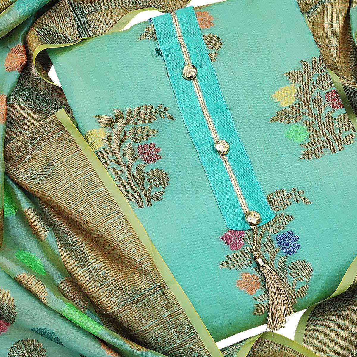 Trendy Sky Blue Colored Festive Wear Woven Heavy Banarasi Silk Dress Material - Peachmode