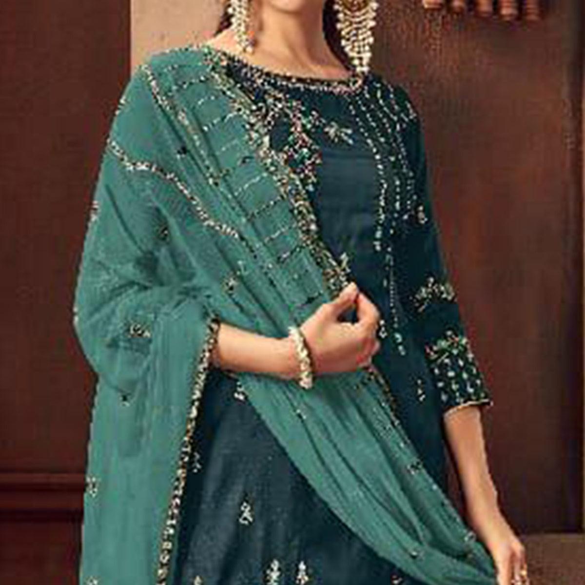 Trendy Teal Green Colored Party Wear Embroidered Silk Palazzo Suit - Peachmode