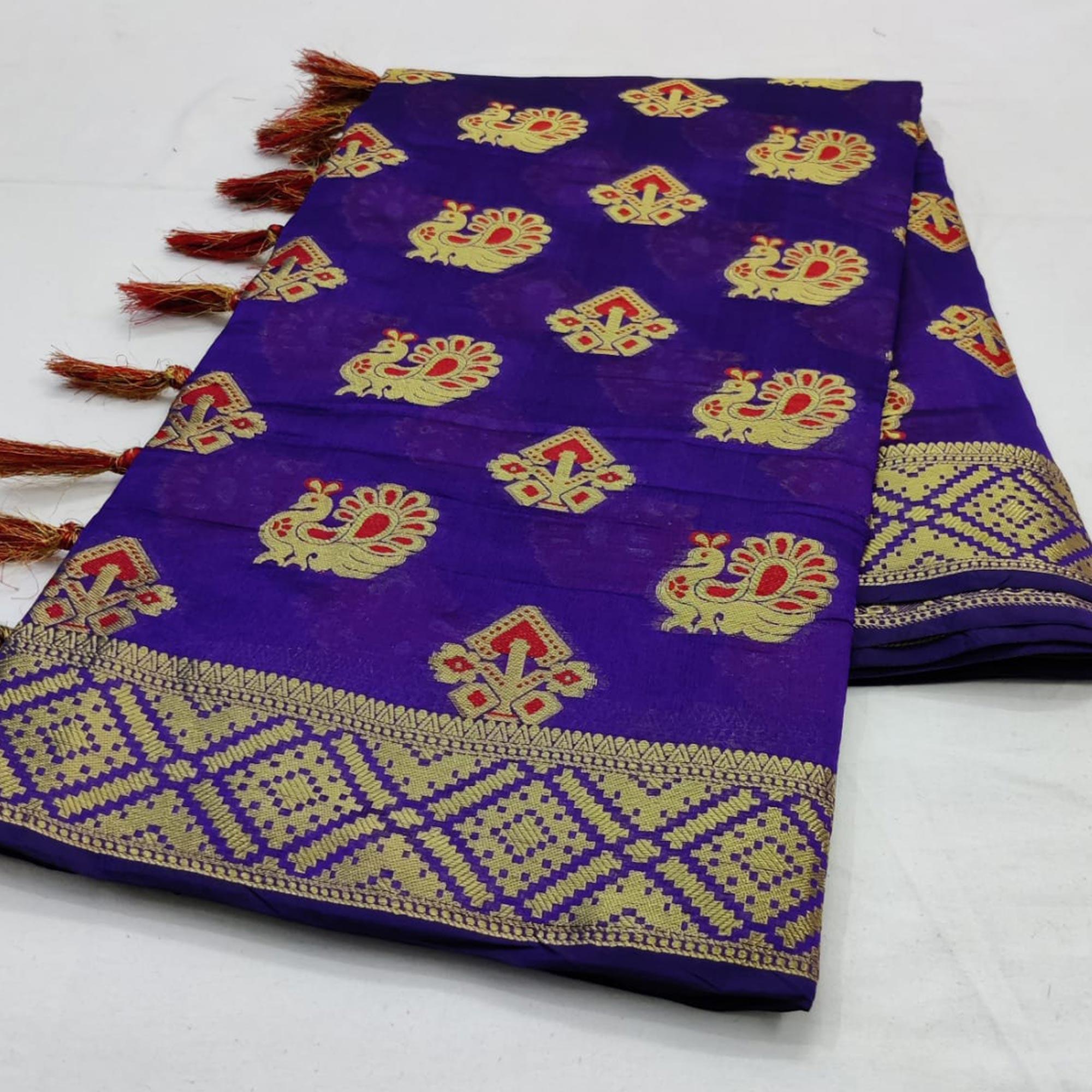 Trendy Violet Colored Festive Wear Woven Cotton Saree - Peachmode