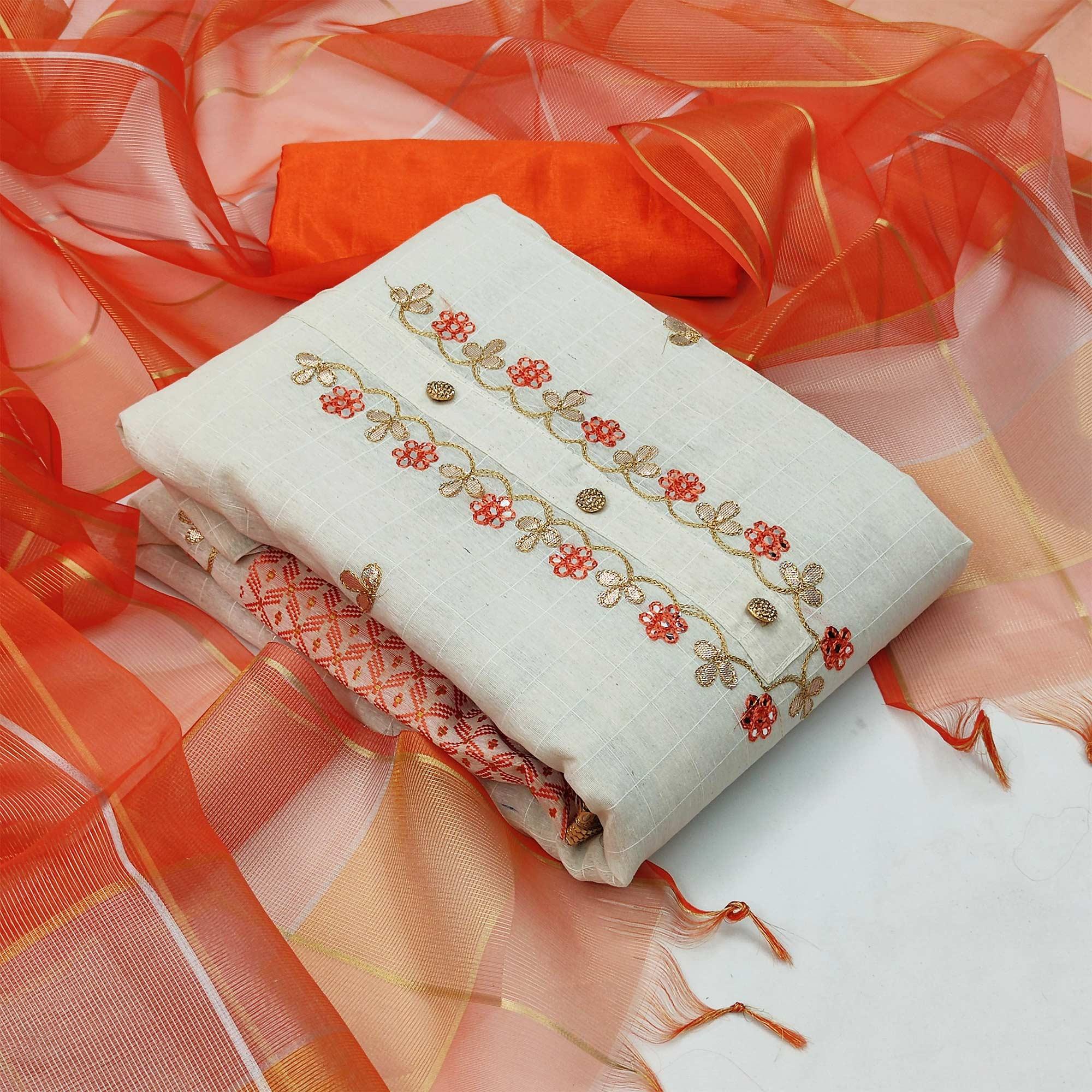 Trendy White - Orange Colored Casual Embroidered Modal Chanderi Jacquard Dress Material - Peachmode