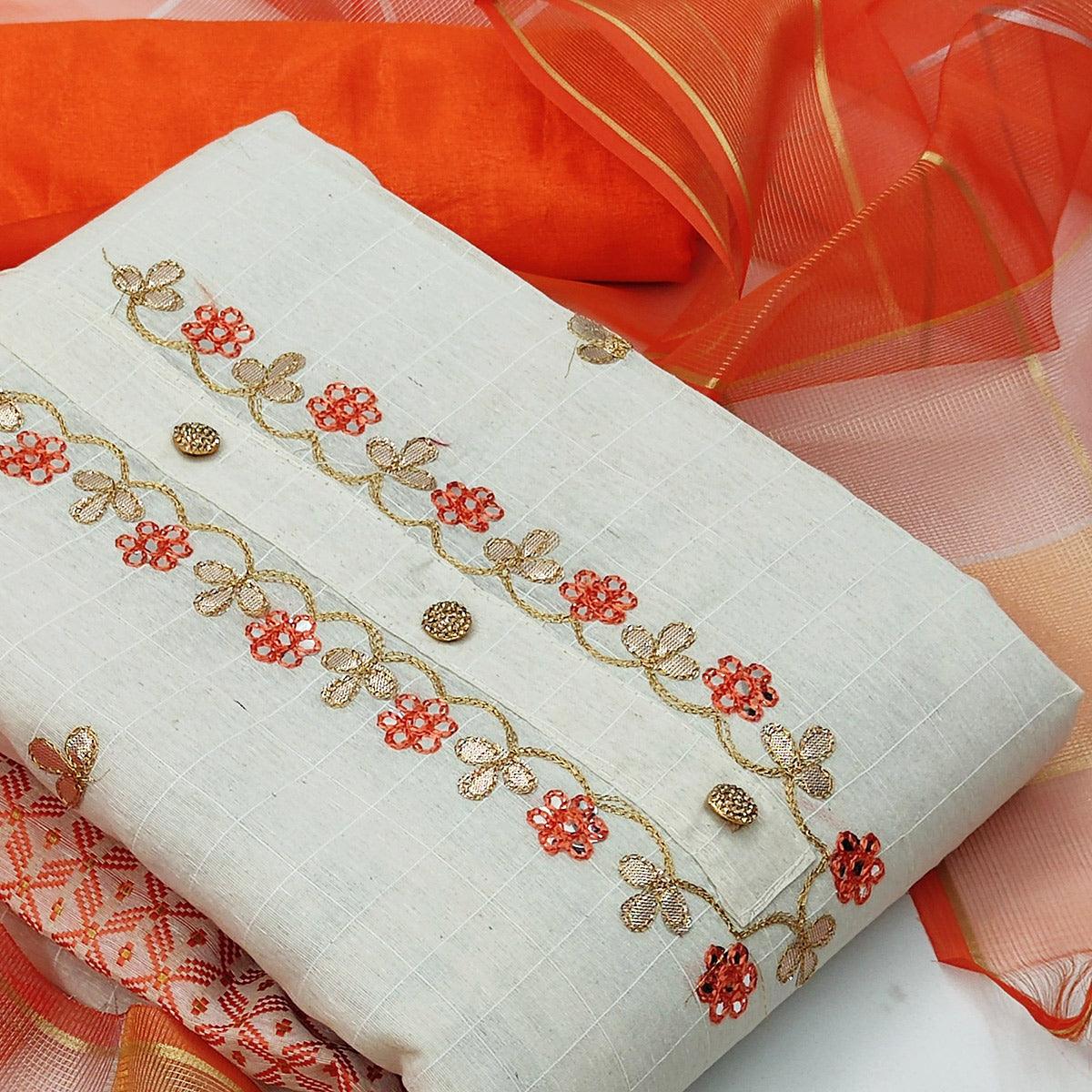 Trendy White - Orange Colored Casual Embroidered Modal Chanderi Jacquard Dress Material - Peachmode