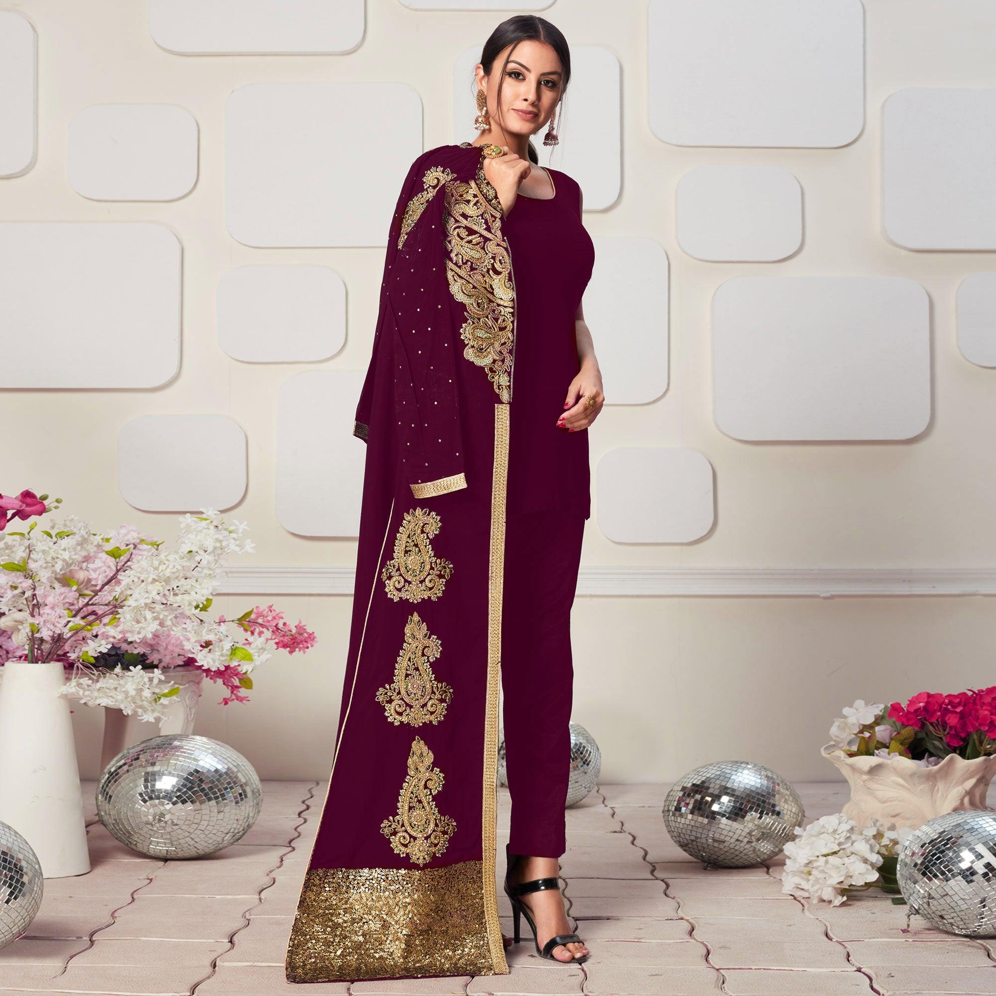 Trendy Wine Colored Party Wear Embroidered Georgette Pant Style Suit - Peachmode