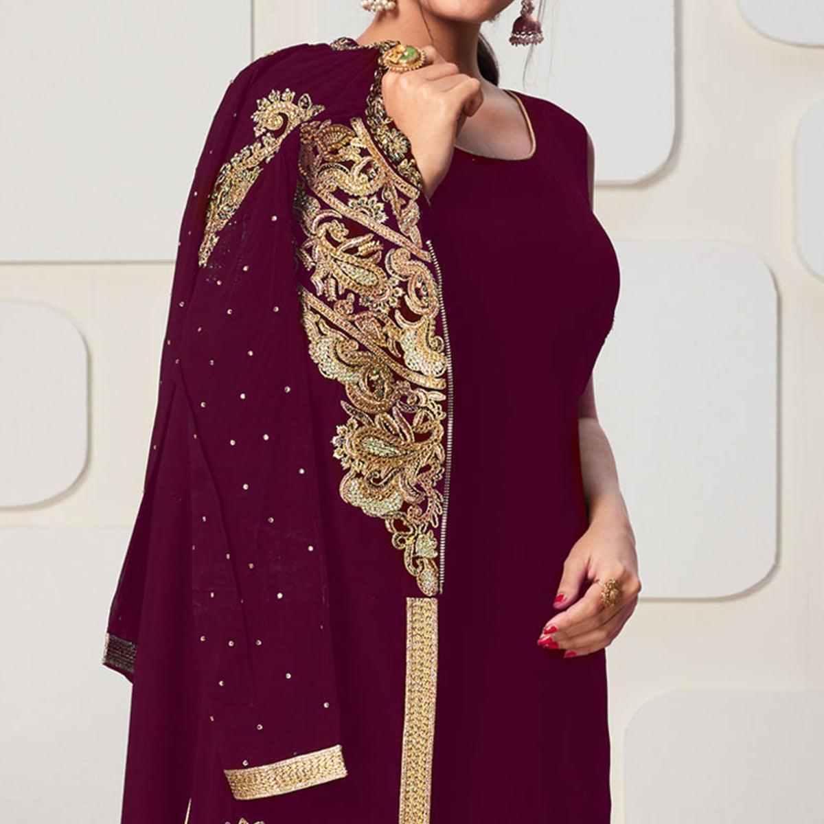 Trendy Wine Colored Party Wear Embroidered Georgette Pant Style Suit - Peachmode