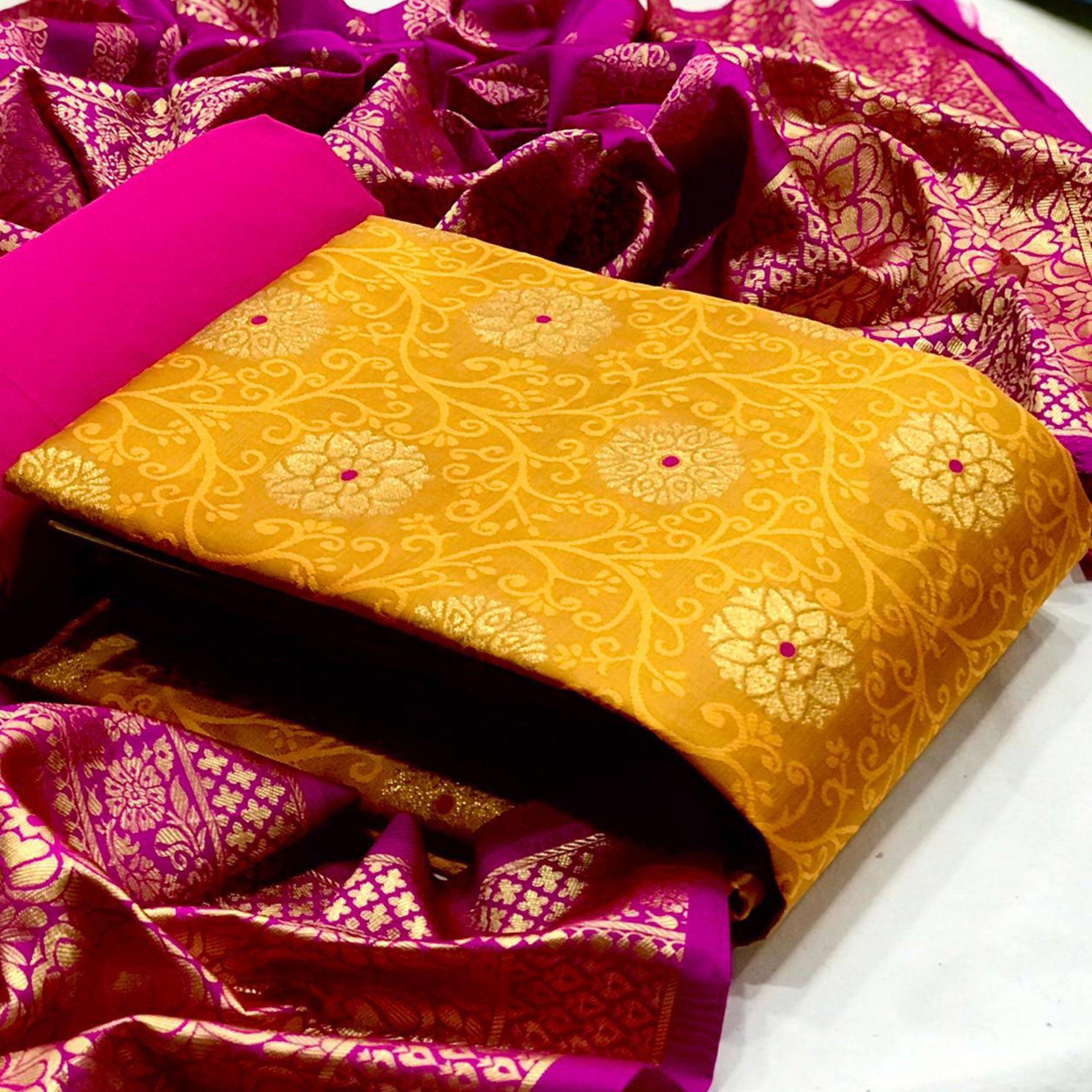 Trendy Yellow Colored Casual Woven Banarasi Silk Dress Material - Peachmode