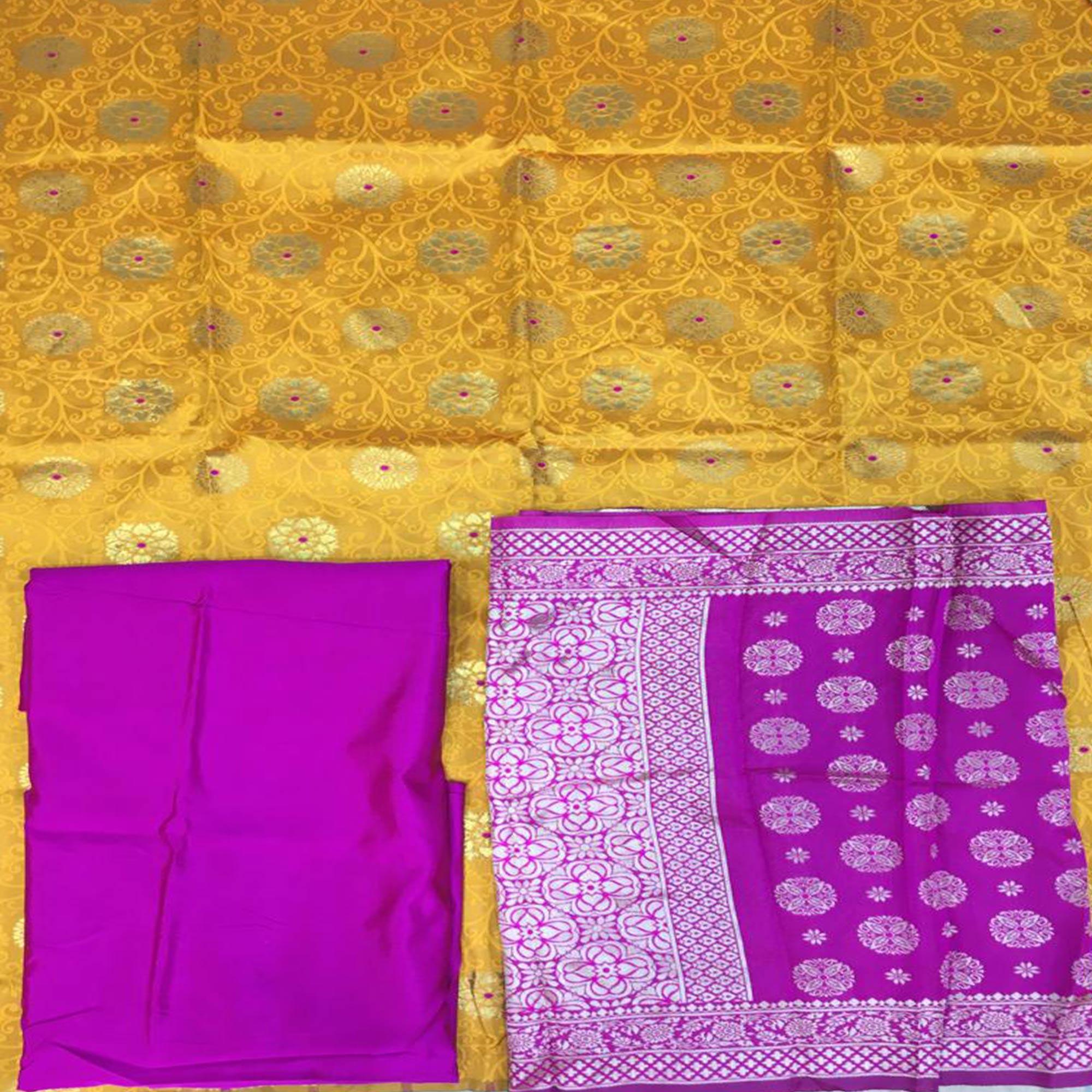 Trendy Yellow Colored Casual Woven Banarasi Silk Dress Material - Peachmode