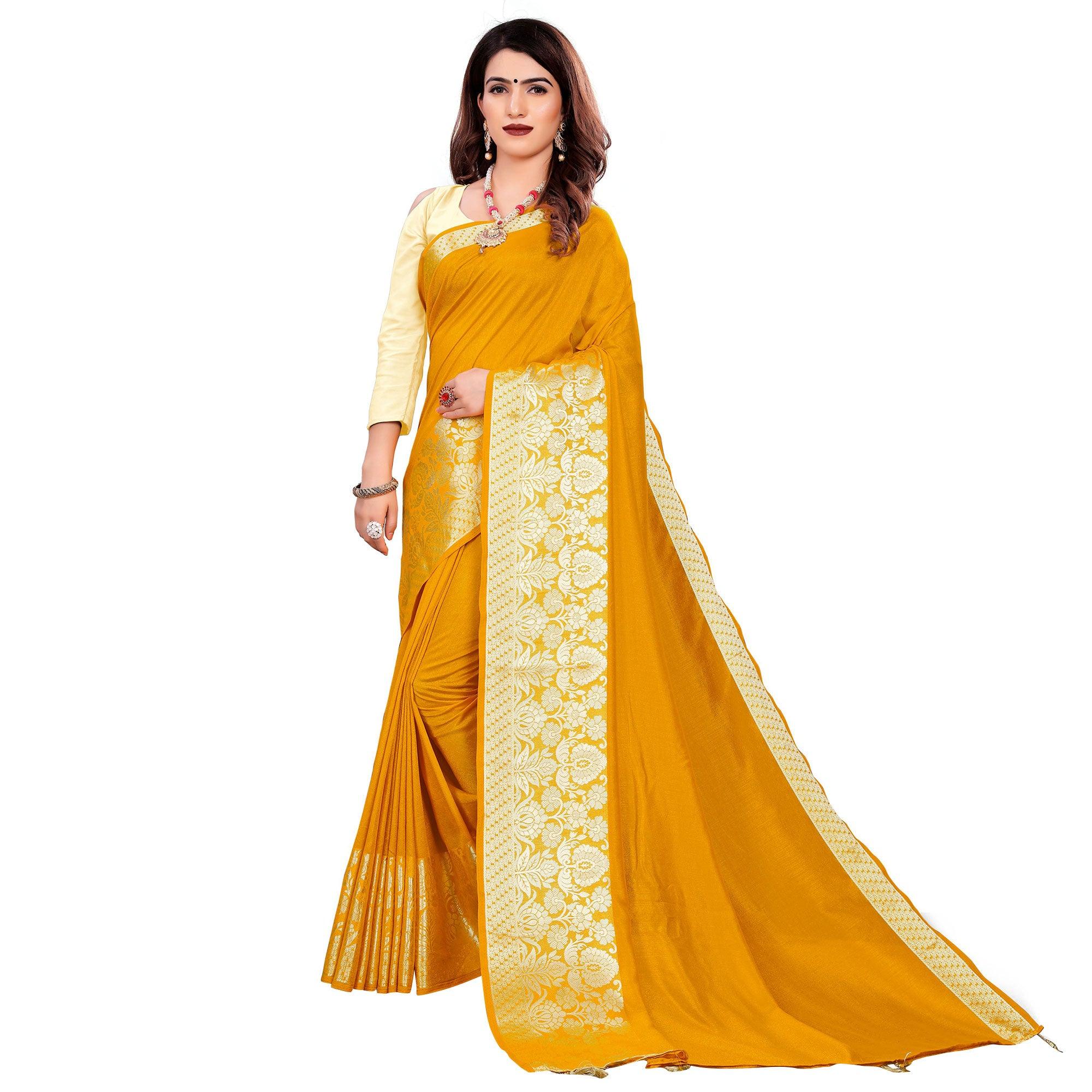 Trendy Yellow Colored Festive Wear Woven Art Silk Saree With Tassels - Peachmode