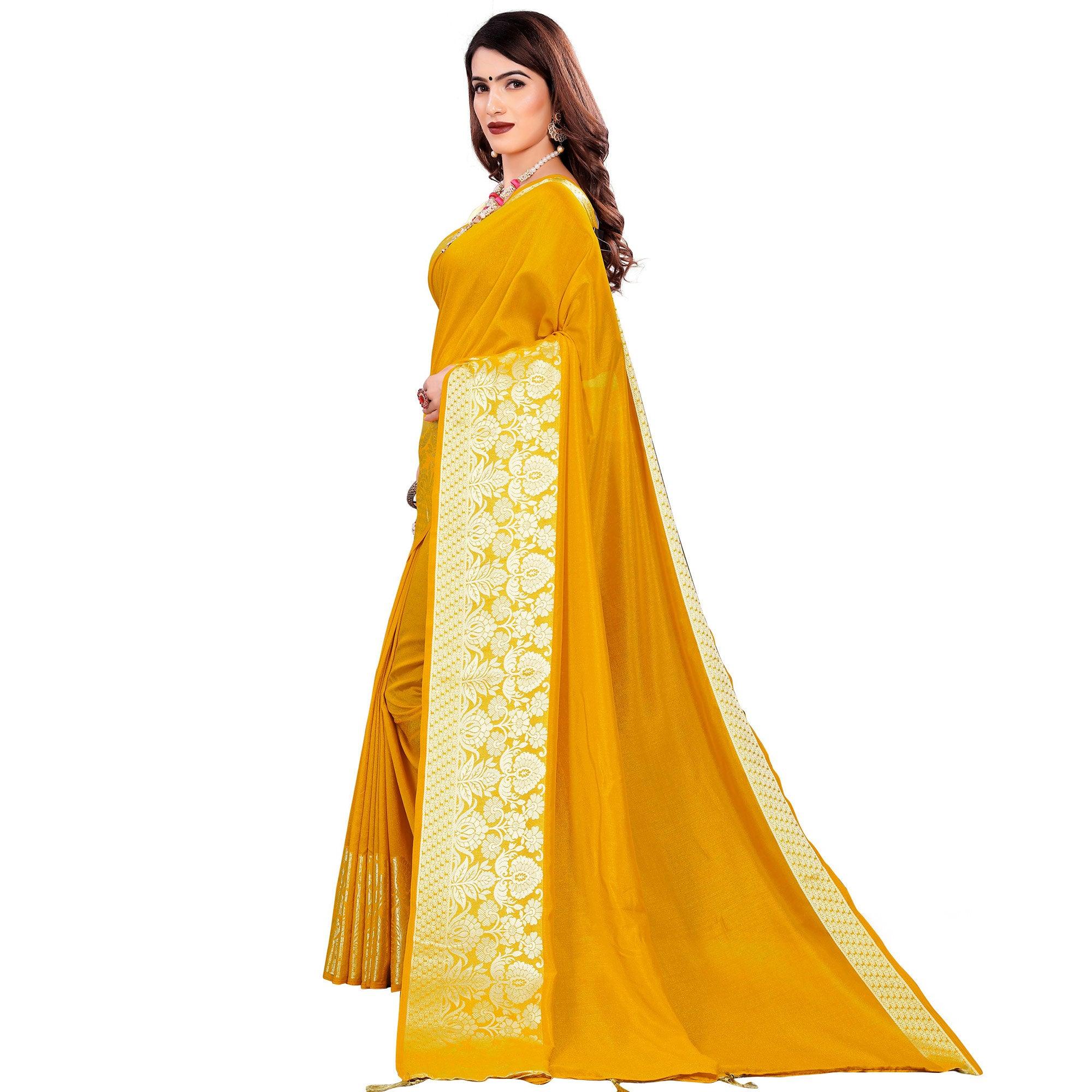 Trendy Yellow Colored Festive Wear Woven Art Silk Saree With Tassels - Peachmode