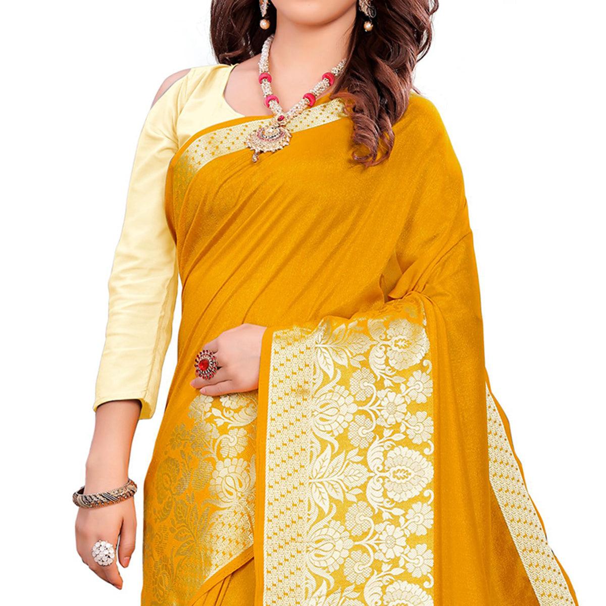 Trendy Yellow Colored Festive Wear Woven Art Silk Saree With Tassels - Peachmode