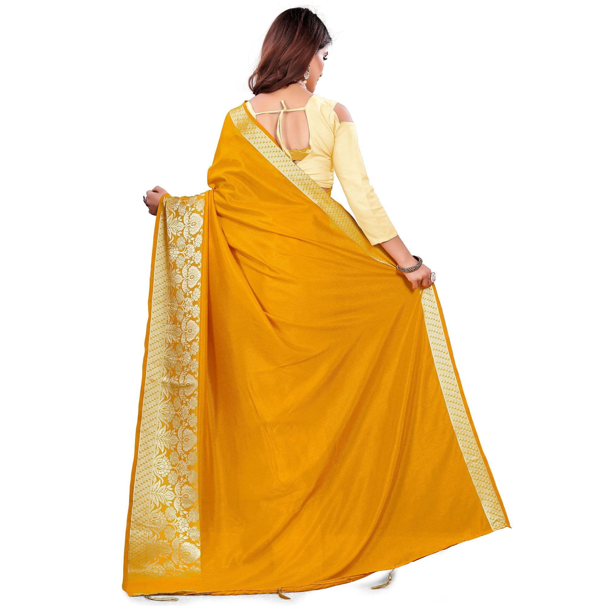 Trendy Yellow Colored Festive Wear Woven Art Silk Saree With Tassels - Peachmode