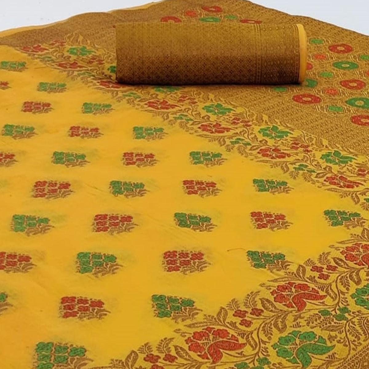 Trendy Yellow Colored Festive Wear Woven Cotton Saree - Peachmode