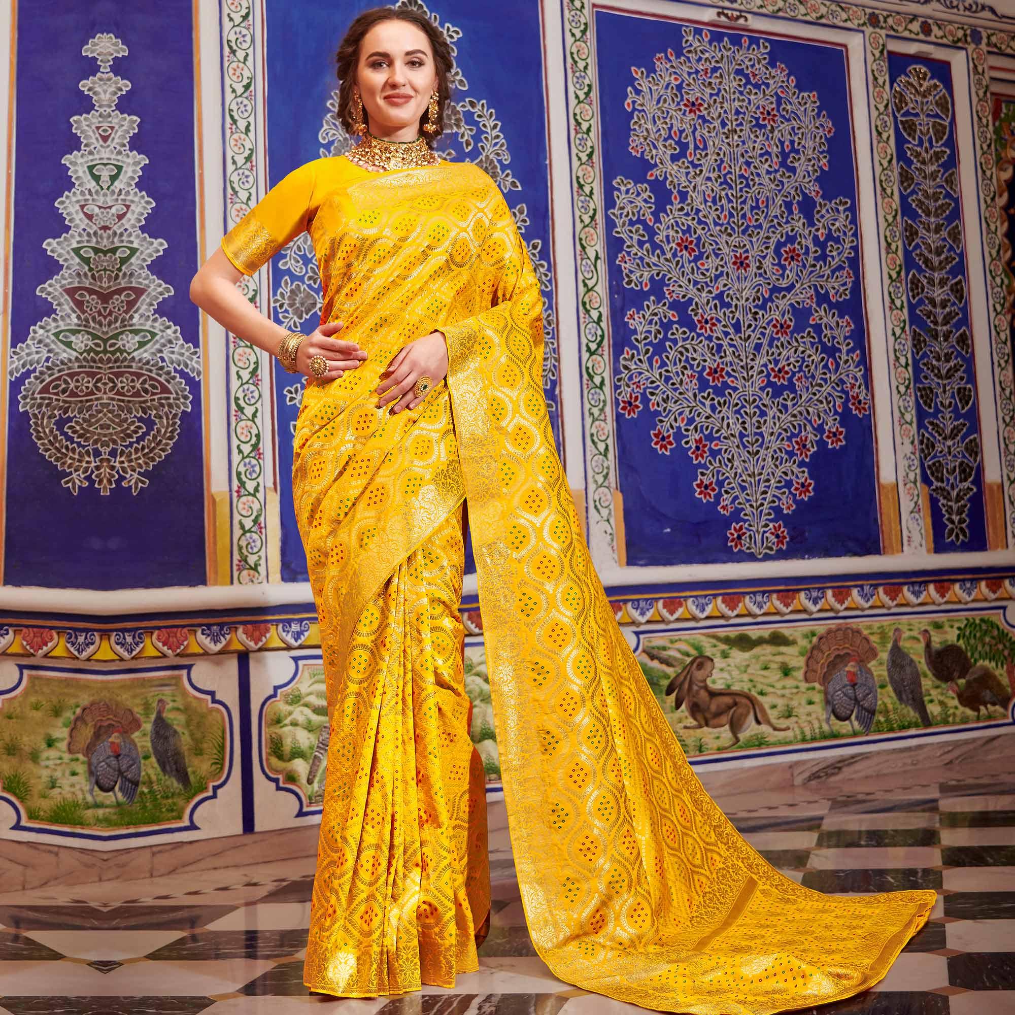 Trendy Yellow Colored Festive Wear Woven Handloom Silk Saree - Peachmode