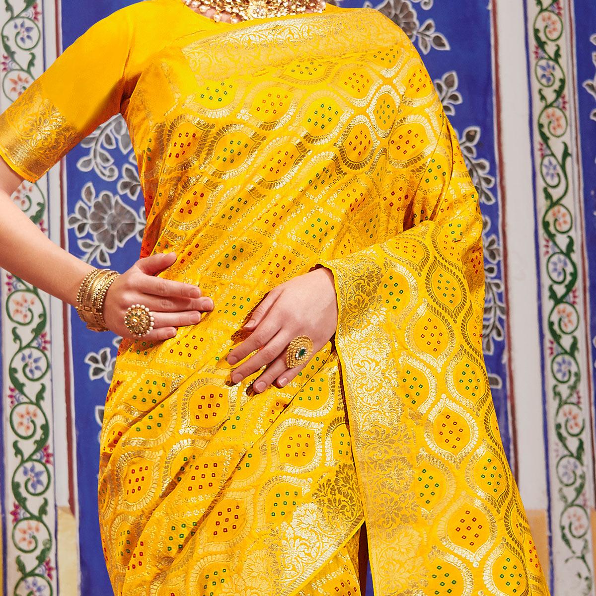 Trendy Yellow Colored Festive Wear Woven Handloom Silk Saree - Peachmode