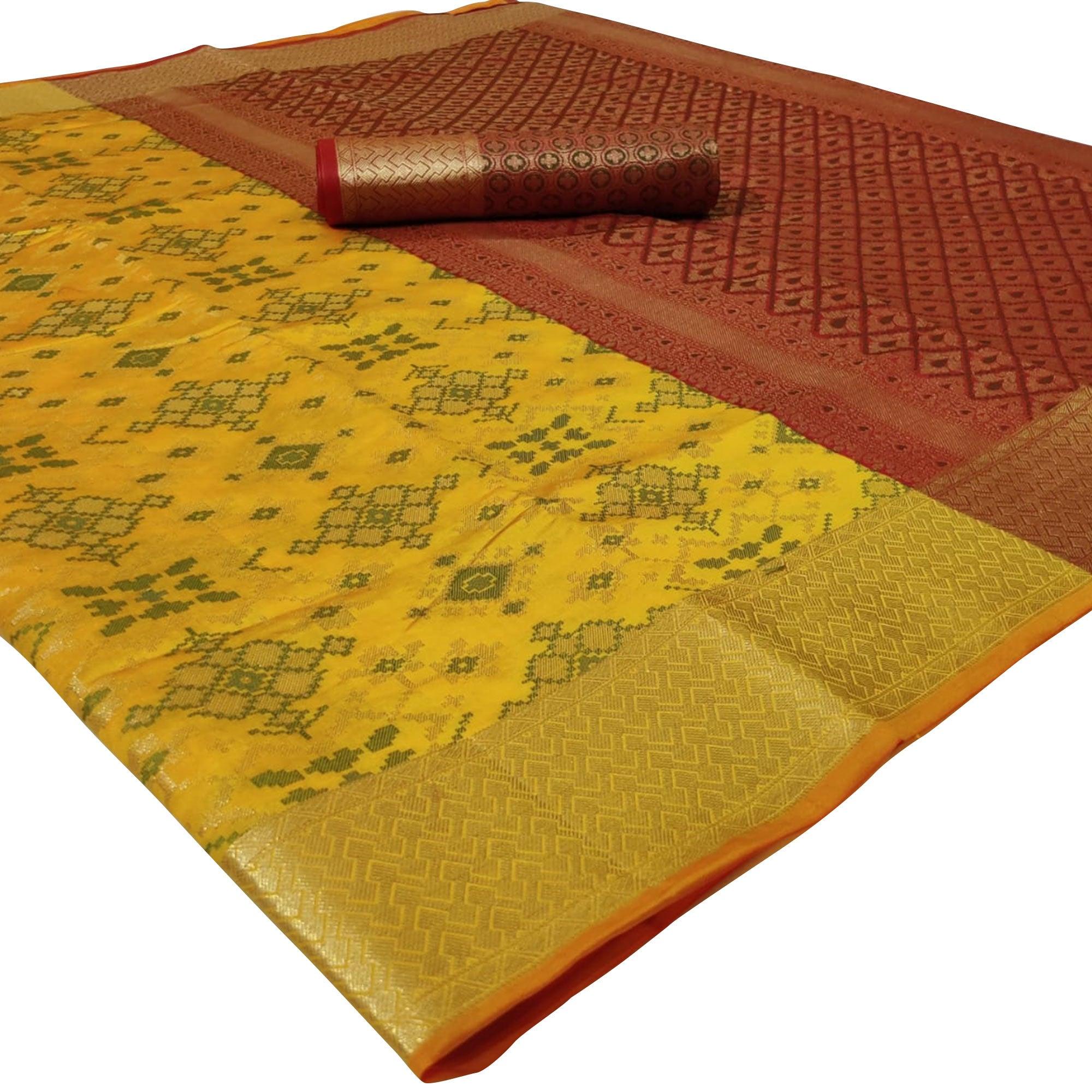Trendy Yellow Colored Festive Wear Woven Silk Saree - Peachmode