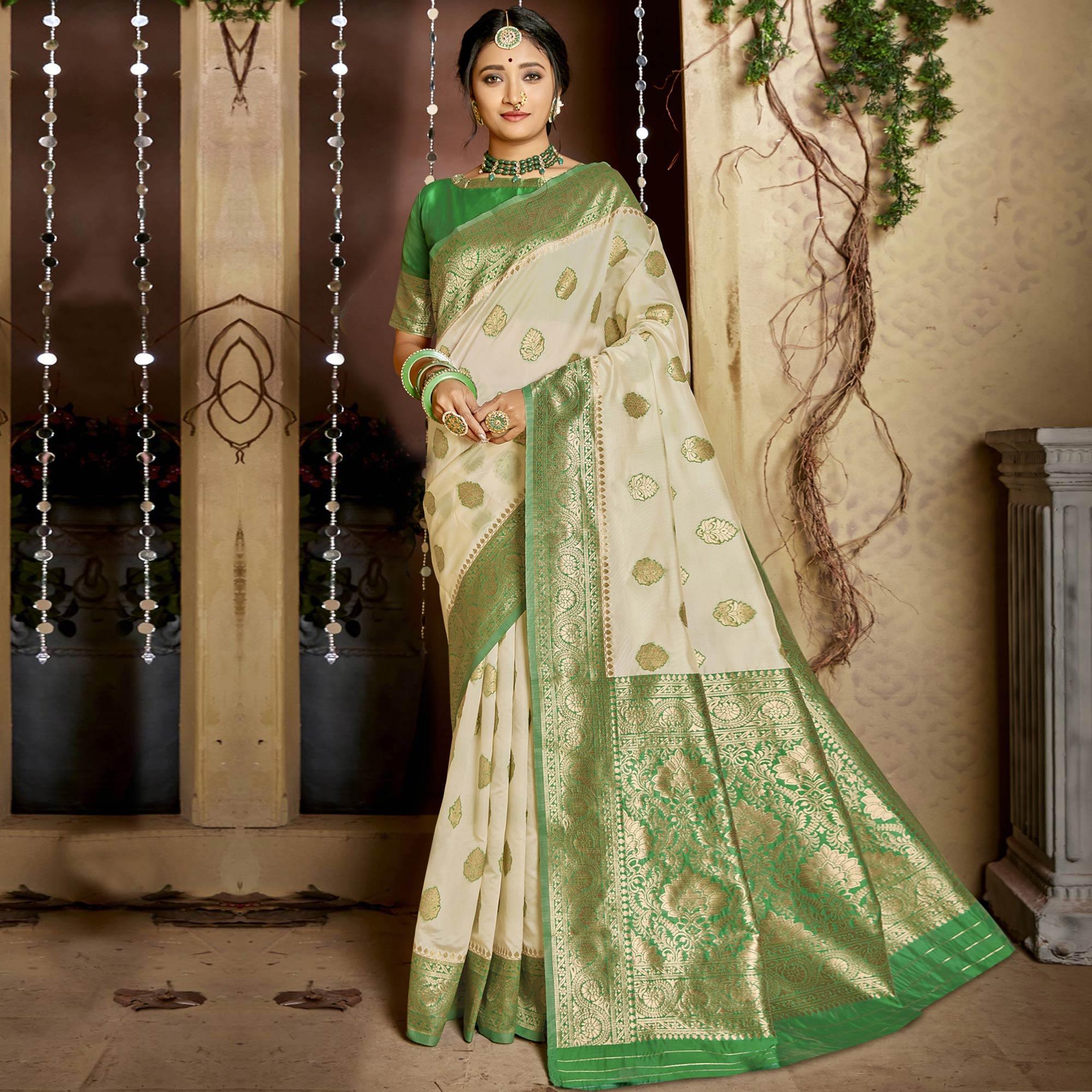 Triveni - White & Green Color Jacquard Silk Party Wear Saree With Blouse Piece - Peachmode